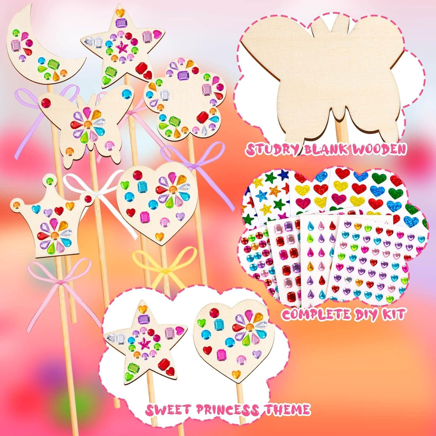 40Pcs Princess Fairy Wand Kit, Wooden DIY Fairy Wand Making Kit for Girls, Fairy Wand for Birthday Gifts Party Supplies image number 6