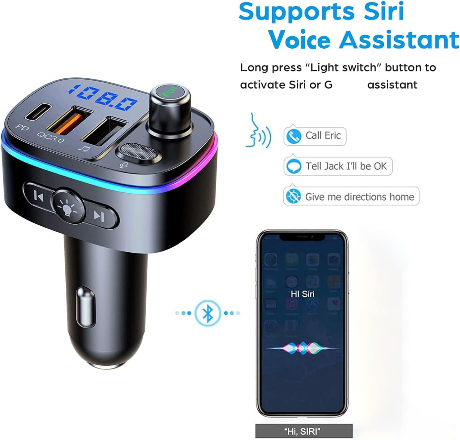 Bluetooth 5.0 FM Transmitter for Car, 3 USB Ports Fast Charger with QC3.0 18W and PD 18W USB C Car Charger, Bluetooth FM Radio Adapter Hands-Free Calling, Voice Assistant MP3 Player Car Charger 3In1 image number 1