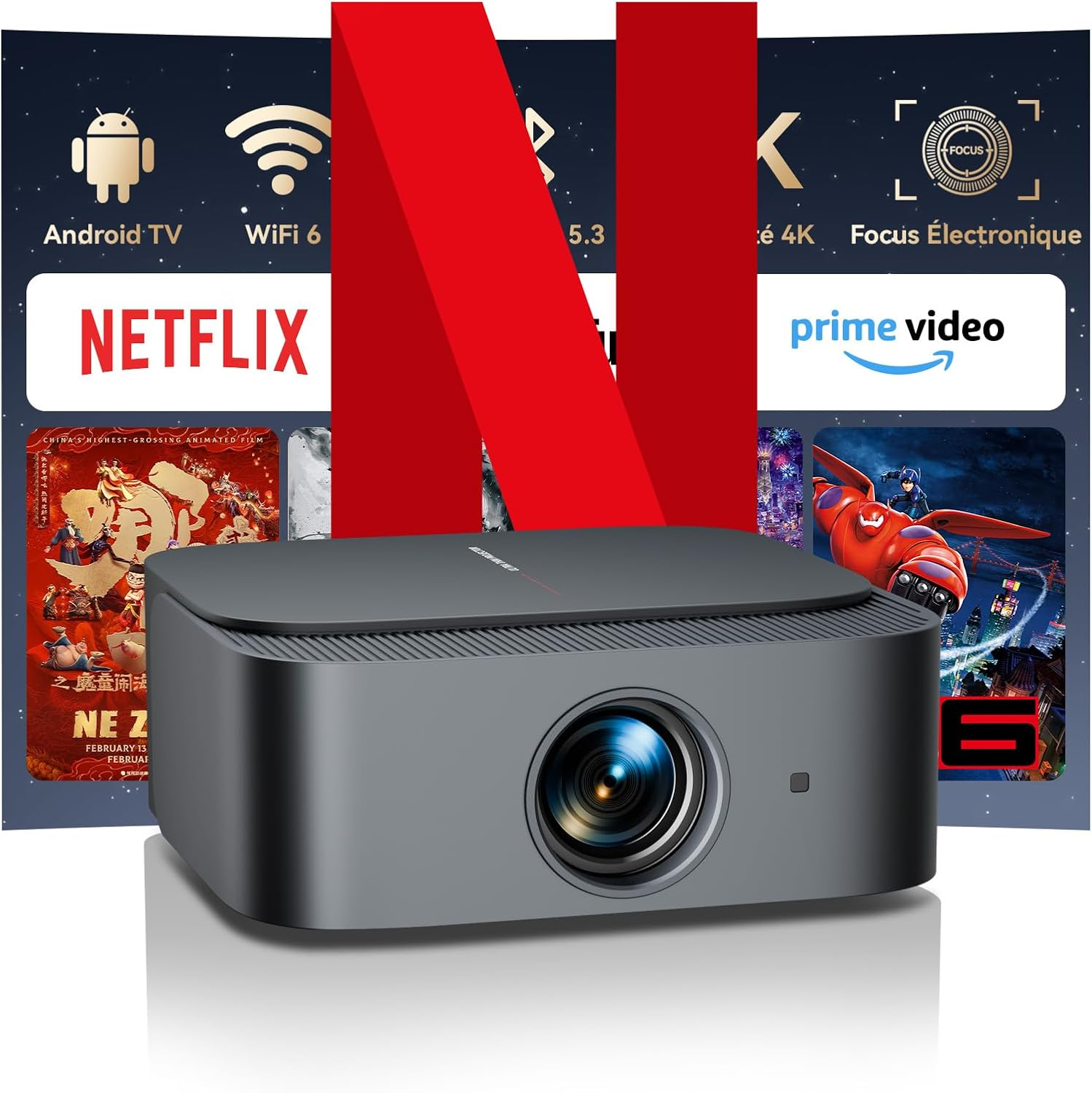 4K Projector【Official Netflix & Focus Electronics/Trapezoidal Correction】 25000 Lumens 1080P Native Full HD Mini Projector, Wifi Bluetooth Smart Projector with Youtube/Prime Video image number 5