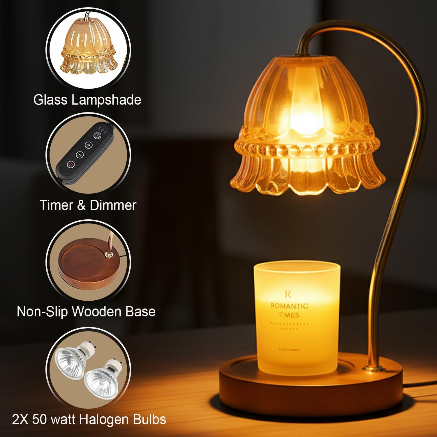 Vintage Candle Warmer - Aromatherapy Lamp with Timer | 4-Level Dimming and Infinite Dimming | Glass Shade | Wooden Base | Includes Two 50W G10 Halogen Bulbs | Elegant Home Decor (Yellow) - Yellow image number 5