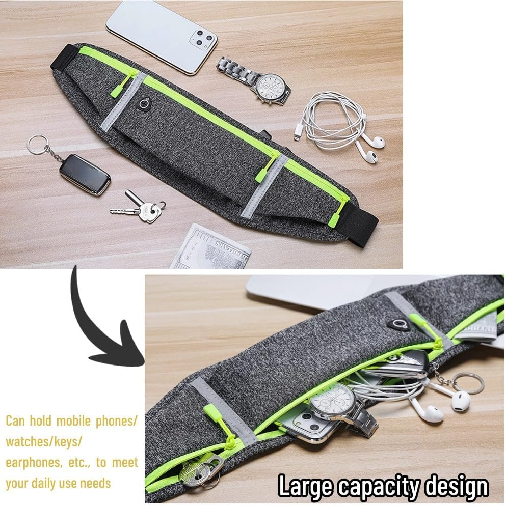 3 Pockets Running Belt for Men Women, Reflective Running Phone Holder Adjustable Fanny Pack,Runners Pouch Waist Pouch for Phone, Keys,Running Essentials (B-Fluorescent Green) - A-Grey image number 4