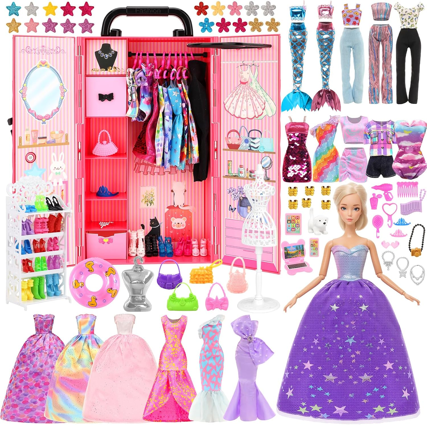 Barwa 127 Accessories for 11.5 Inch 28 - 30 CM Girl Doll: 1 Fashion Closet Wardrobe + 1 Shoe Rack + 14 Dresses Clothes + 10 Pcs Shoes + 101 Accessories image number 6