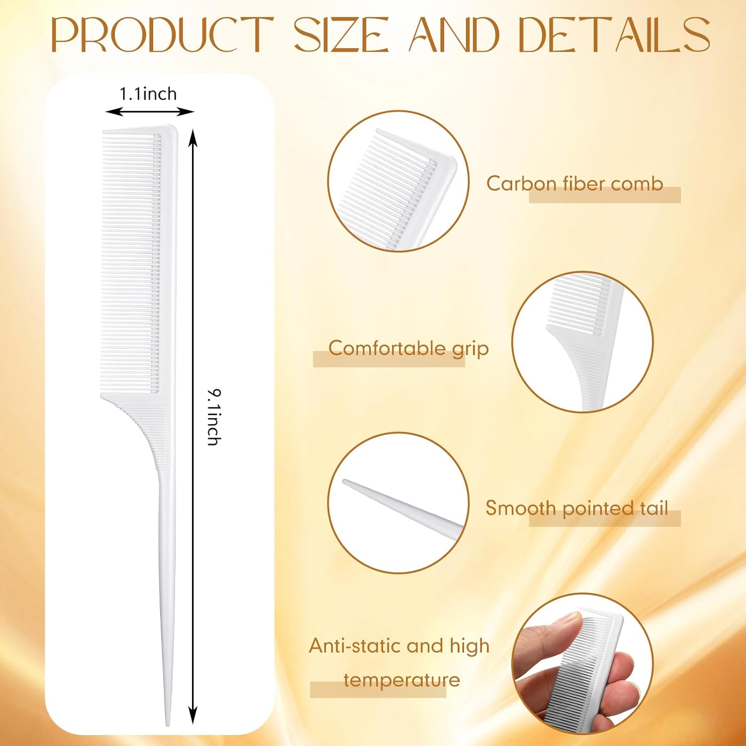 Leinuosen 3 Pack Carbon Fiber Rat Tail Styling Comb, Heat Resistant anti Static Teasing for Back Combing Root Teasing Adding Volume Evening Styling(White) - Green,Pink,Yellow image number 2