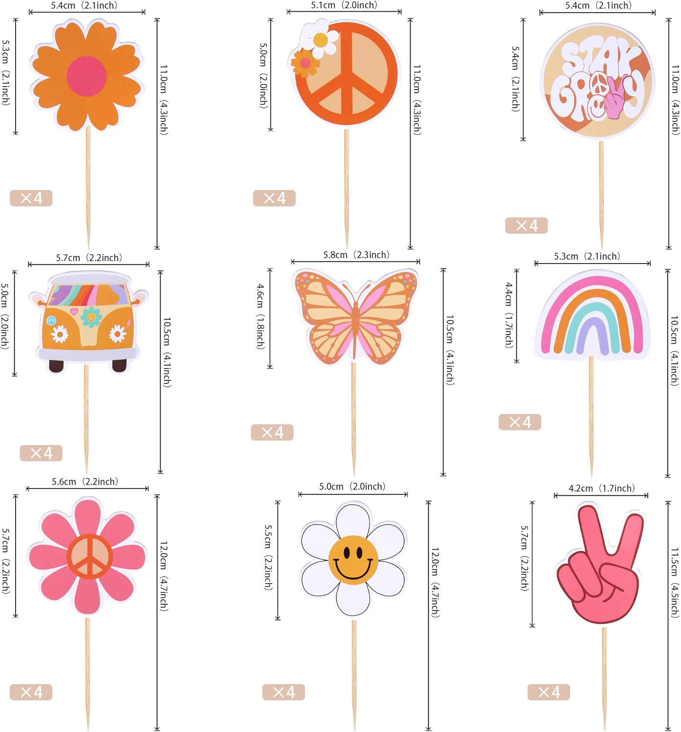 SYKYCTCY 36 Pack Hippie Party Cupcake Toppers Peace Sign Hand Butterfly Two Groovy Cupcake Picks Flower Bus 60S Retro Boho Cake Decorations for Hippie Two Groovy Carnival 2Nd Birthday Party Supplies image number 6