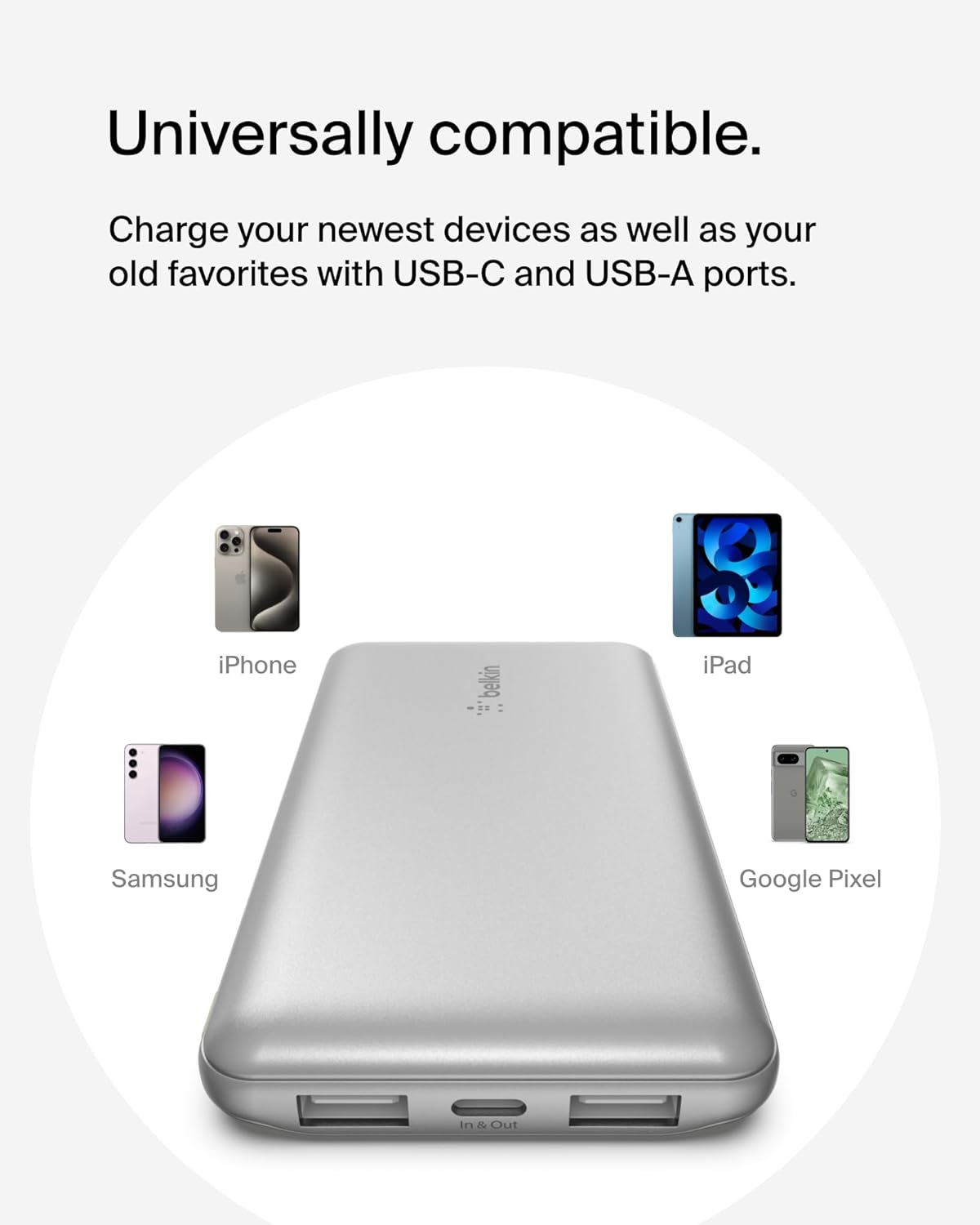 Belkin Boostcharge USB-C Portable Charger 10000Mah Power Bank, 1 USB-C Port and 2 USB-A Ports & Included USB-C to USB-A Cable for Iphone 16/15/14/13 Series, Samsung S24 & More -Silver image number 1