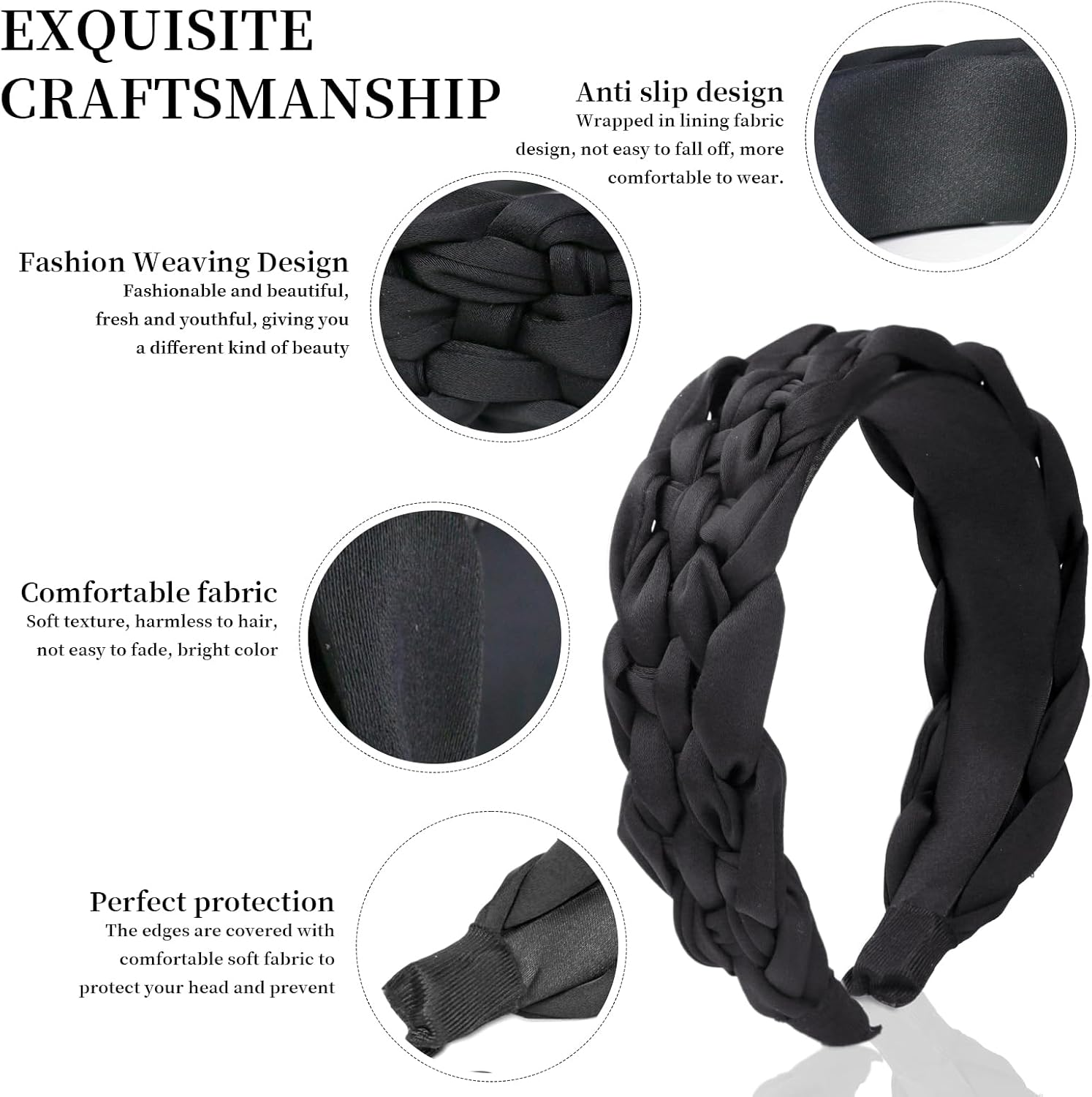 KU Women'S Non-Slip Headband Hair Accessories Girls - Elegant Hair Band Braided in French Style, Vintage Headband & Hair Band in Black | Braided Hair image number 3