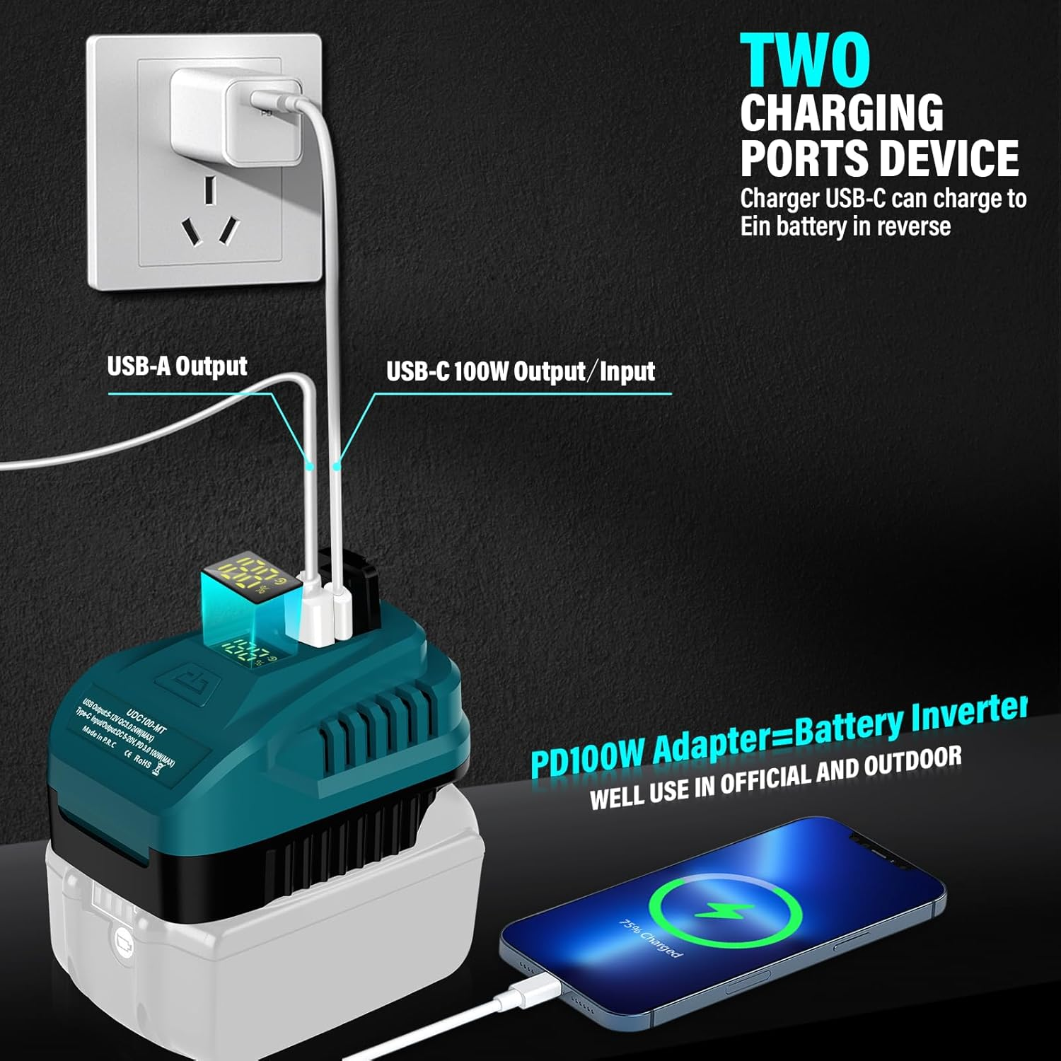 Portable USB Charger for Makita 18V Battery with USB C PD2.0 100W(Max) Output,Can Charge Battery,For BL1830 BL1850 BL1860 Battery Charger with 1 Type-C Port for Phone Charger Adapter image number 1