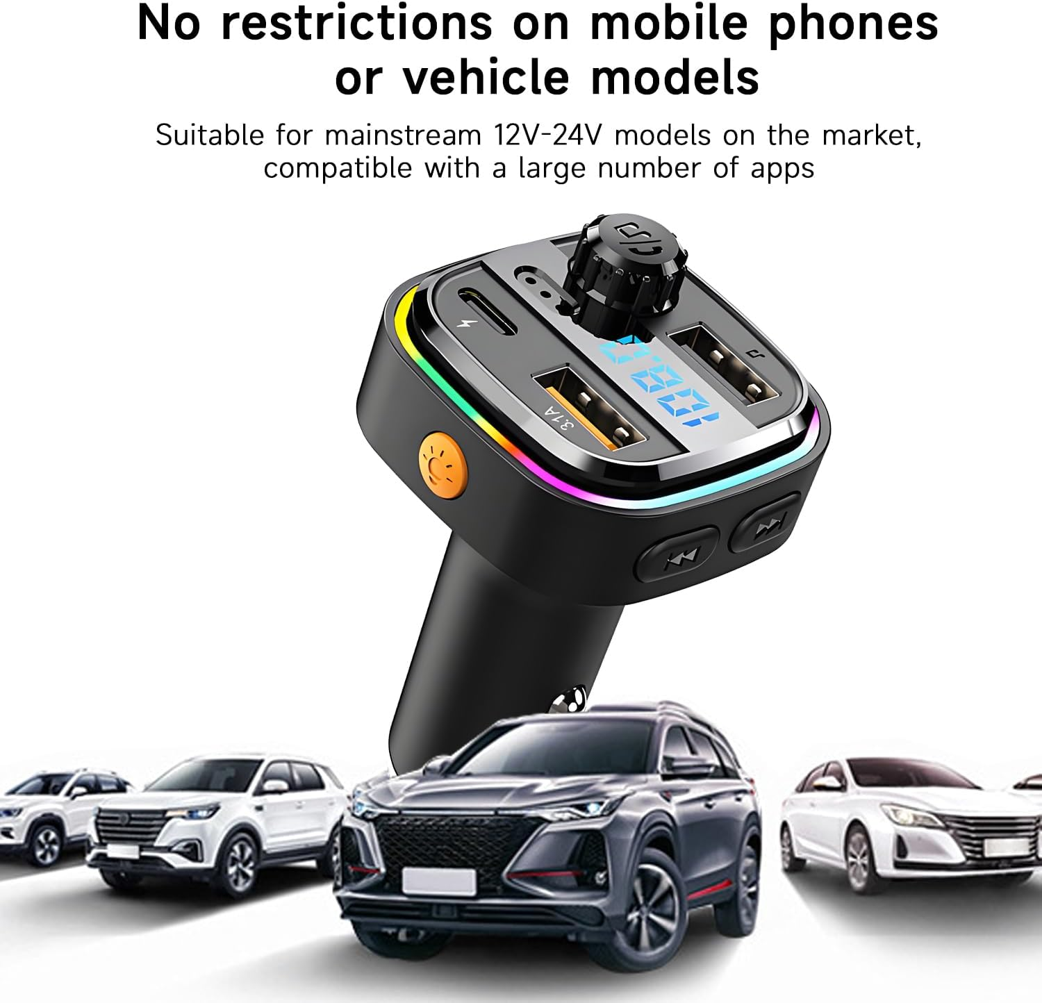 QUMOX Bluetooth FM Transmitter for Car, C26 Model, Hands-Free Calling, USB-C Fast Charging, 7-Color Ambient Light, Support MP3/WAV/FLAC, Dual USB Ports, Compatible with 12V&ndash;24V Vehicles image number 5