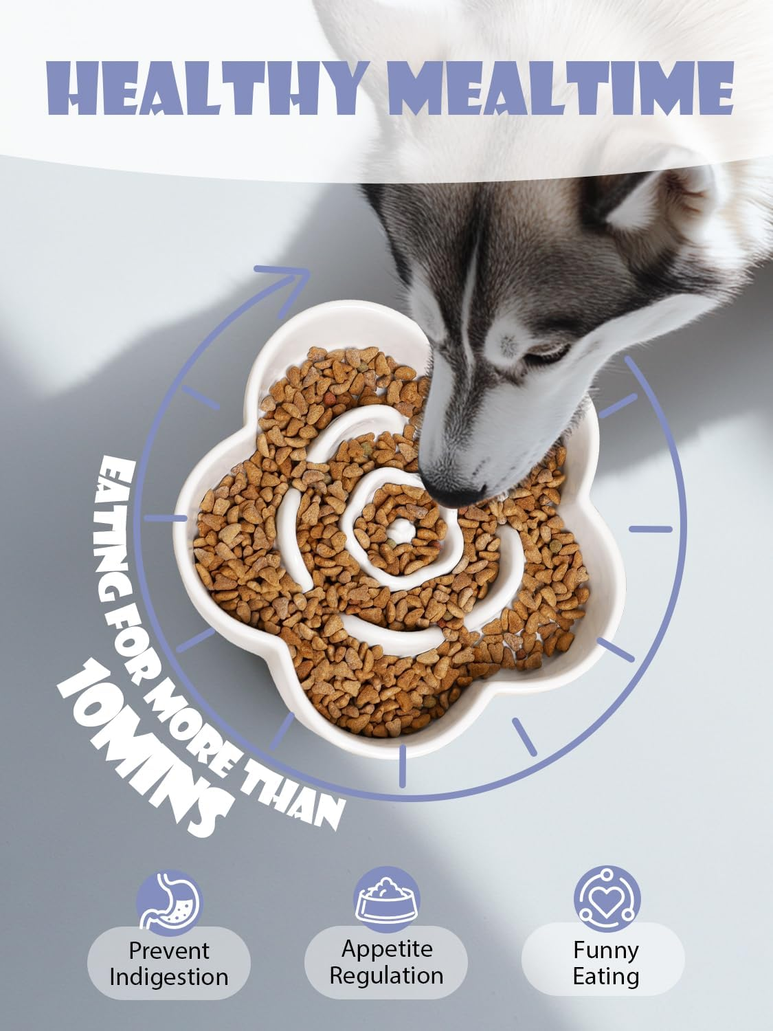 Ceramic Slow Feeder Dog/Cat Bowl, Anti-Choking Slow Food Bowls, 8" 11.3Oz Slow Feeder for Medium, Large Breeds, Plum Puzzle Design, Non-Slip Silicone, Dishwasher and Microwave Safe, White image number 1