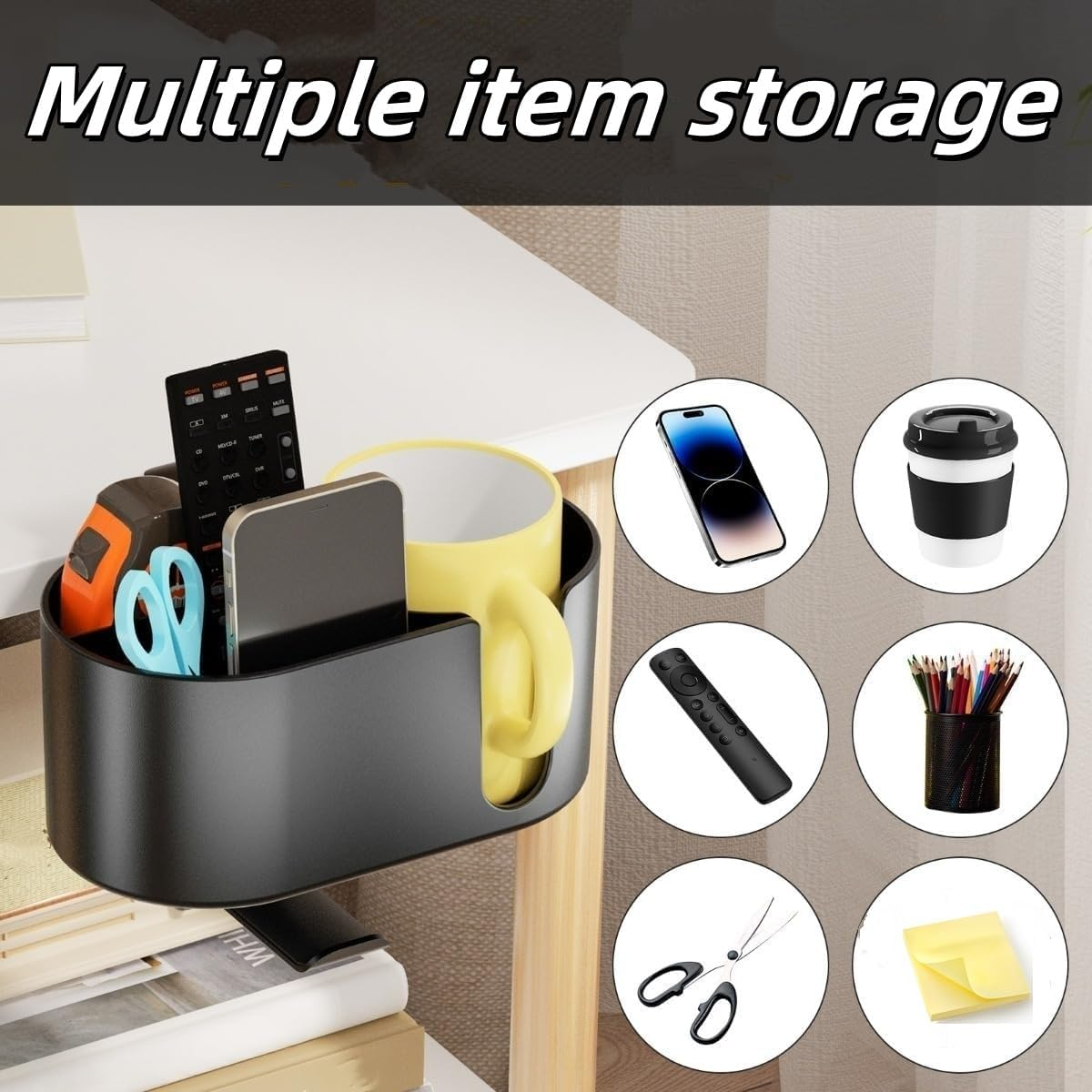 XINYUICEAN 4 in 1 Desk Cup Holder Headphone Hanger,Clamp on under Desk Headphone Hanger, Multifunctional Phone Storage Box Desktop Organizer for Nightstand Workstation (White) image number 1