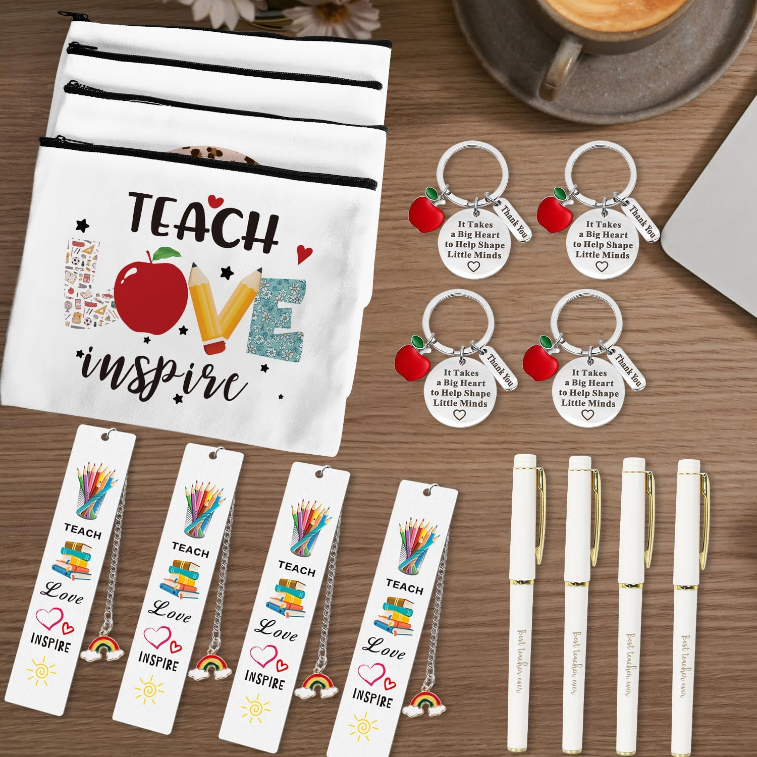 UAREHIBY 16 PCS Teacher Gifts in Bulk,Thank You Teacher Gifts with Makeup Bags,Teacher Appreciation Week Keychain,Bookmark Gifts for Teachers,Best Teacher Ever Pen Gifts,Christmas Gifts