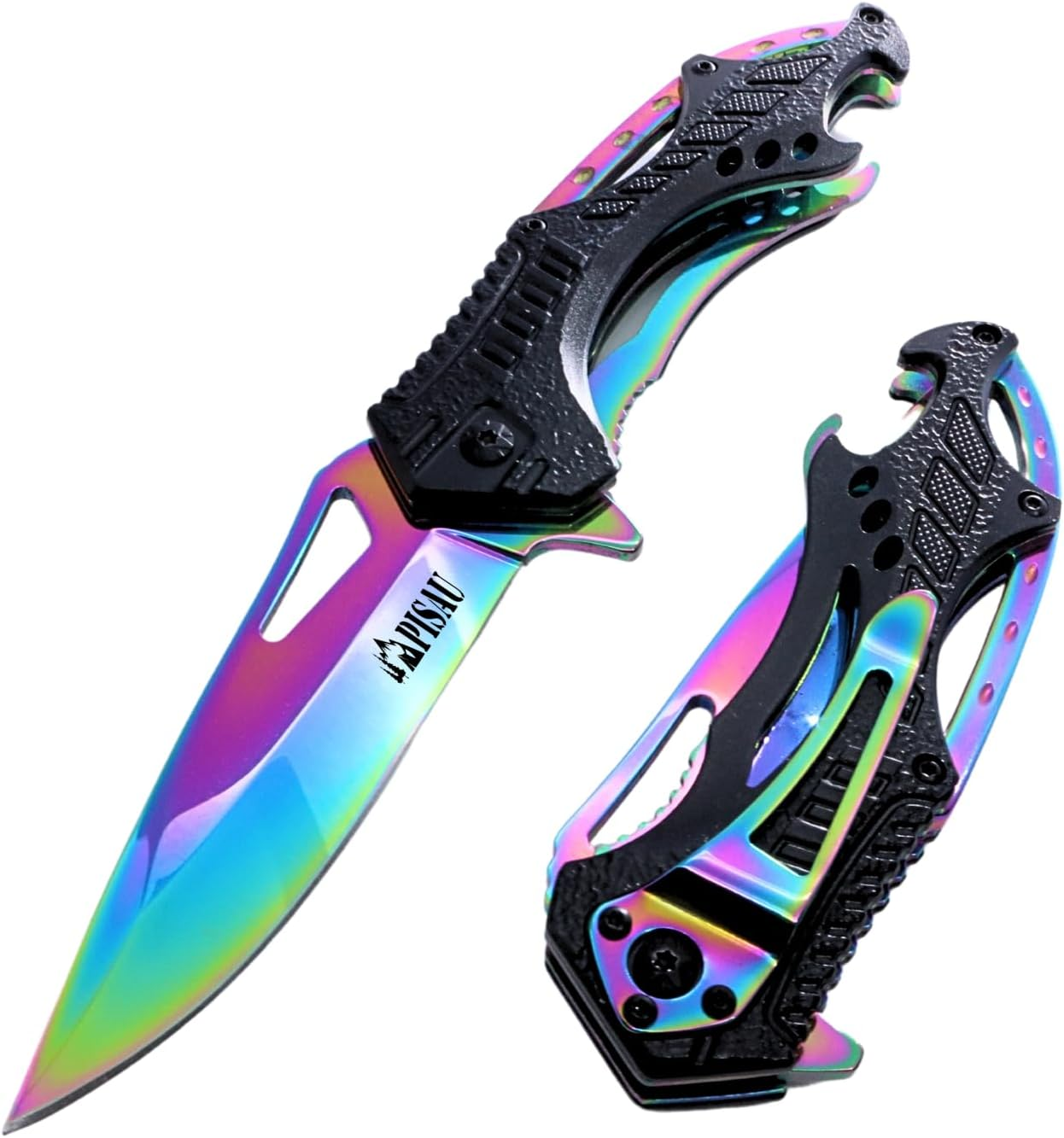 Folding Pocket Knife with Liner Lock, Bottle Opener and Glass Breake (Black)