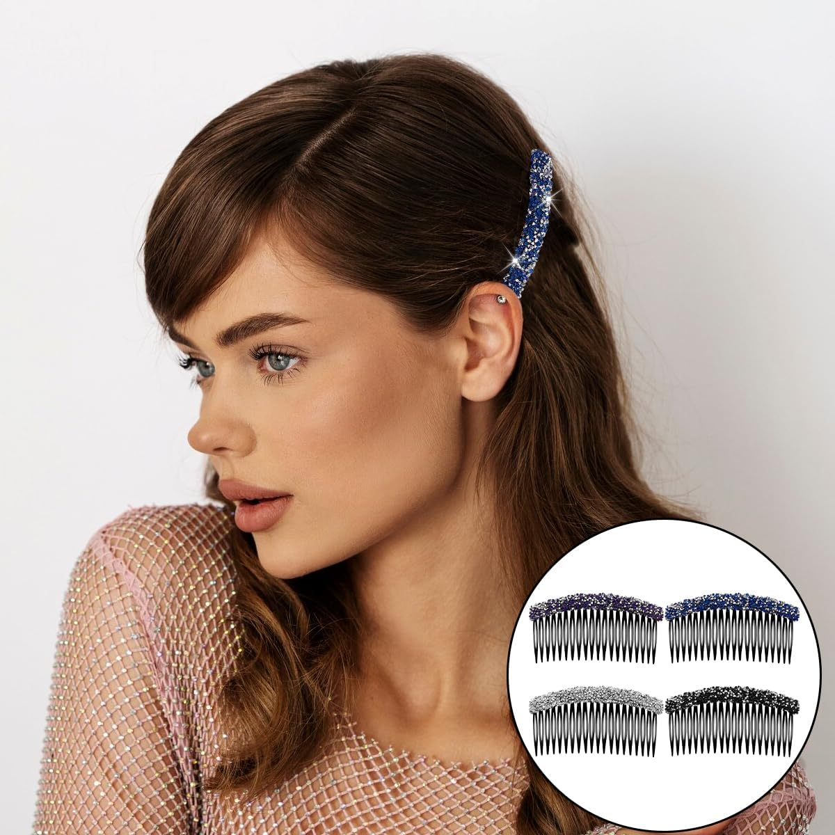 NILLOS Rhinestone Hair Side Combs, 4 PCS Plastic Claw Rhinestone Hair Accessories for Women, Girls (White, Black, Blue, Purple)