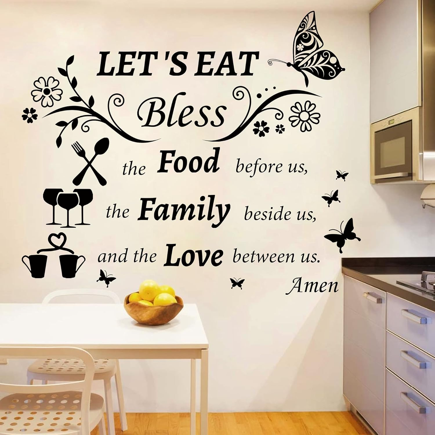 Kitchen Wall Decals Dinner Meal Prayer Wall Stickers Vinyl Kitchen Quotes Wall Decal Let'S Eat Bless the Food before Us Sign Christian Religious Saying Stickers for Dinning Room Home Restaurant image number 1