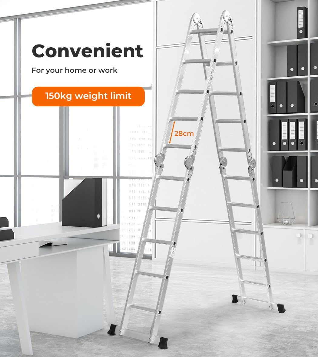 Traderight Multi Purpose Ladder Aluminium Folding Platform Extension, Multi Position Step Foldable Ladders for Home Garage Outdoor Work, 20 Rungs 5.7M Silver