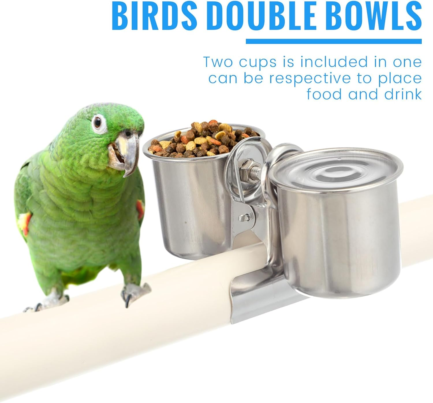 Tioncy 2 Pcs Clip on Water Bowl for Birds Parrot Feeding Double Cups Dishes Hanging Stainless Steel Food Water Bowls with Clip Pet Animal Feeder Cup Holder for Cage Coop Perches Play Stand Accessories image number 2