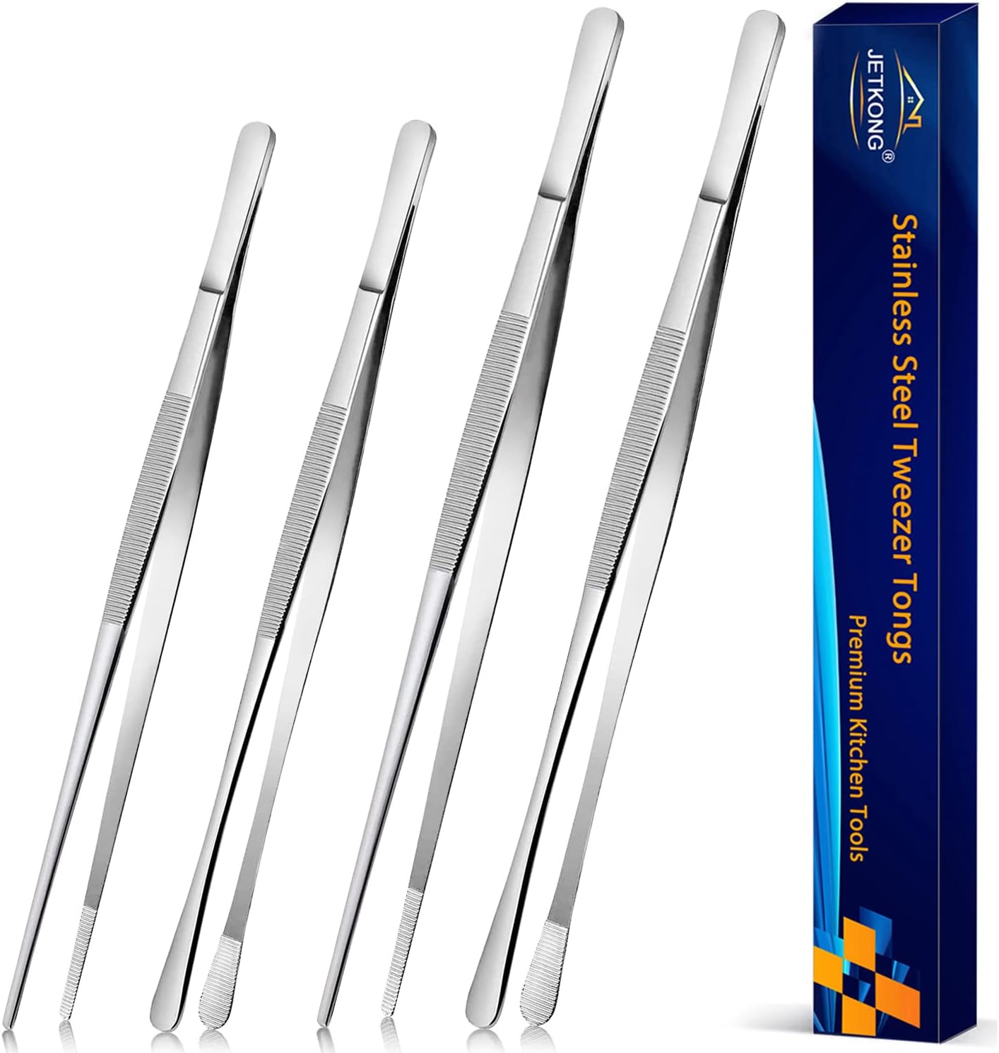 JETKONG 4 Pcs Kitchen Tweezers Tongs Stainless Steel Cooking Tweezers Set, Professional Kitchen Long Tweezer for Cooking, Repairing, and BBQ (10+12-Inch, Silver) image number 2