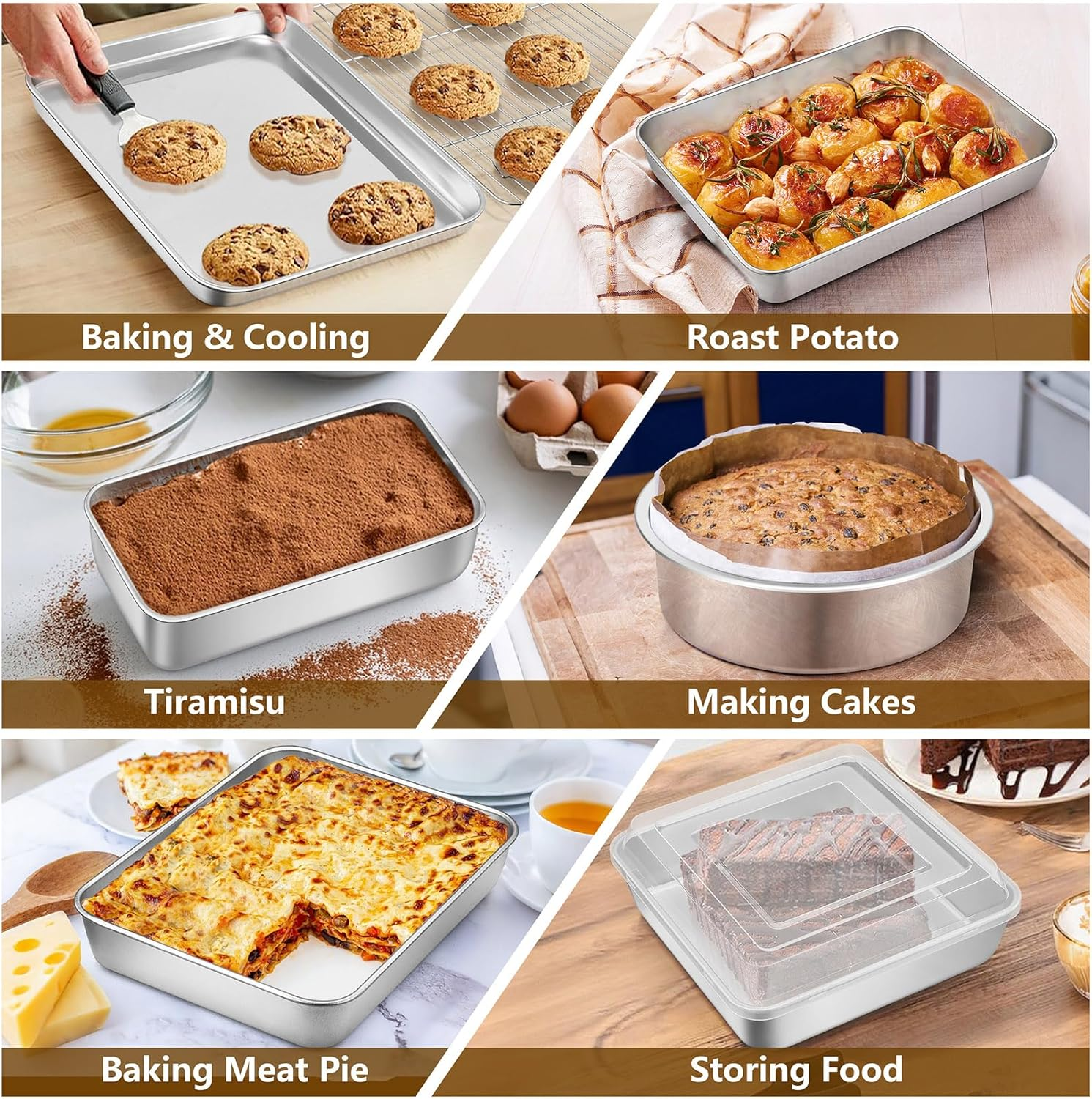 P&P Chef Stainless Steel Bakeware Set, 12-Piece Kitchen Baking Pans Set, Baking Sheet with Rack, Square Cake Pan with Lid, Lasagna Pan, Loaf Pan, Muffin Pan, Pizza Tray & 2 Covers, Easily Clean image number 6