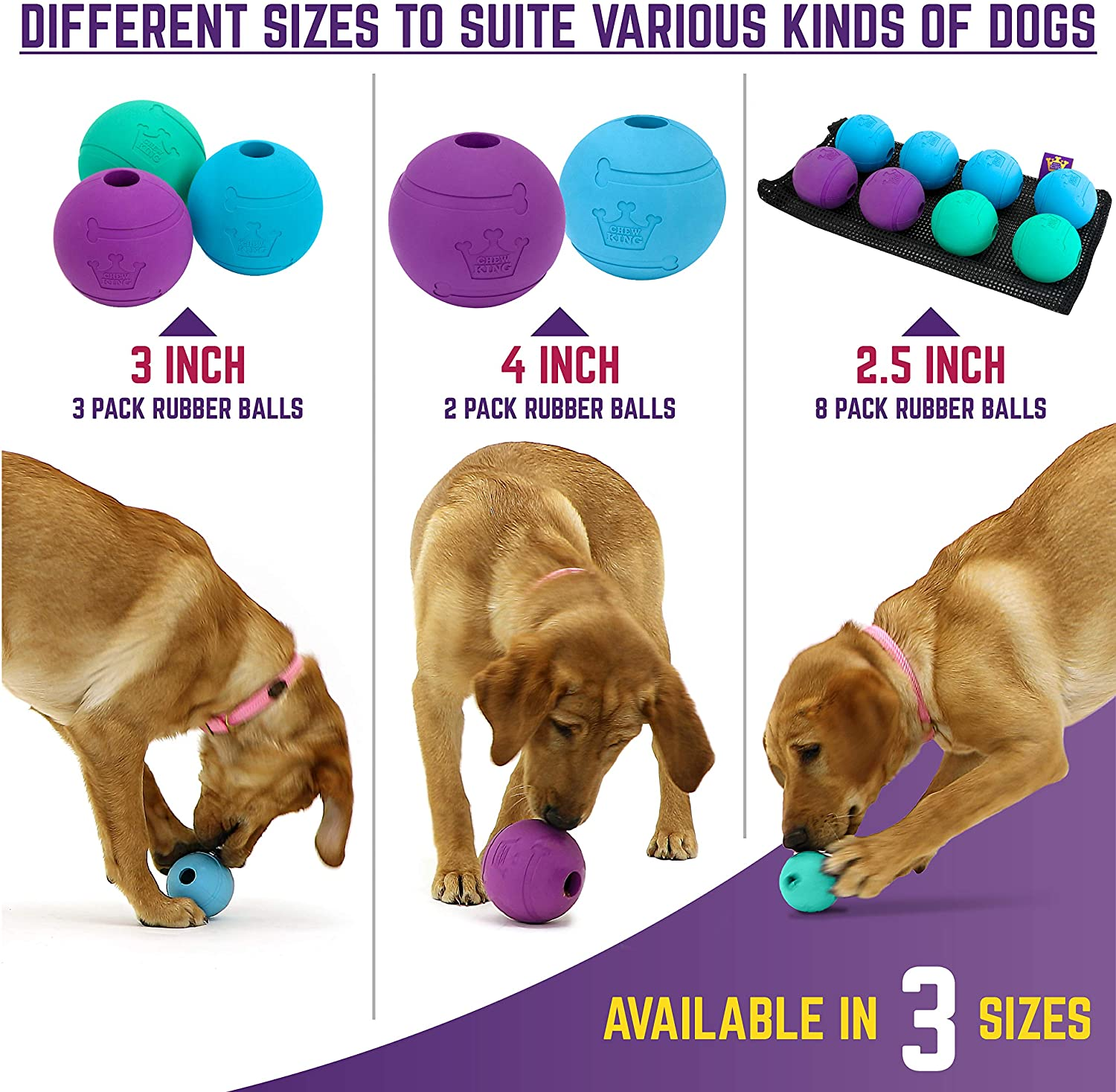 Chew King Fetch Balls Extremely Durable Natural Rubber Toy 3 Inch Balls - Pack of 3 (CM-0263-CS01) image number 5