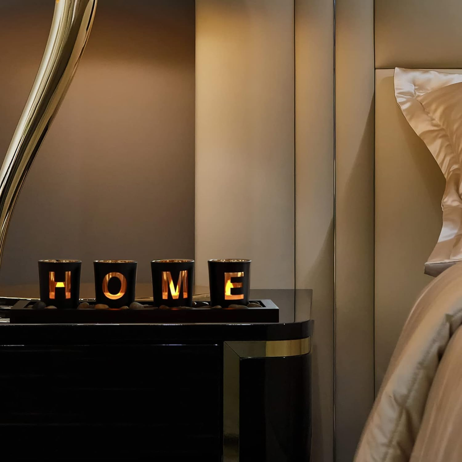 Mrmrkura Home Decorative Candle Holder Set, 4 Glass Tea Light Candleholders with Wooden Candle Holders Tray, Natural Pebbles for Home Decor Table Decorations Centerpiece image number 6