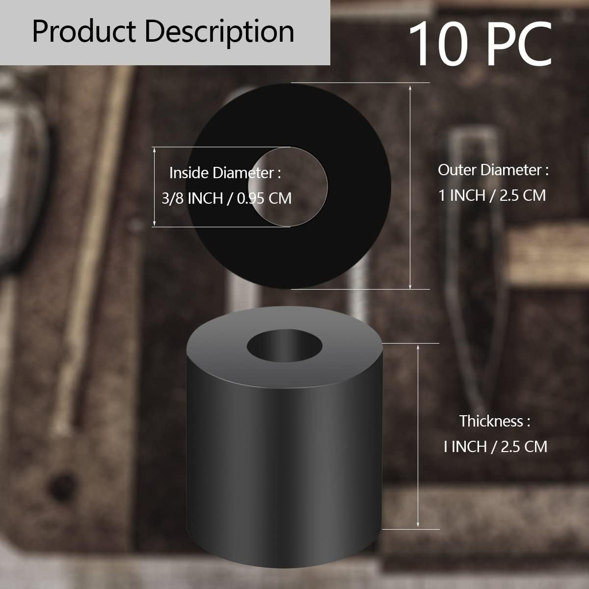 10Pcs Tear Resistant Multi-Purpose Rubber Spacer 1" OD X 3/8" ID X 1" Thick Rubber Bushing Solid Smooth round Neoprene Rubber Washers for Car,Motor,Bars Accessories image number 4