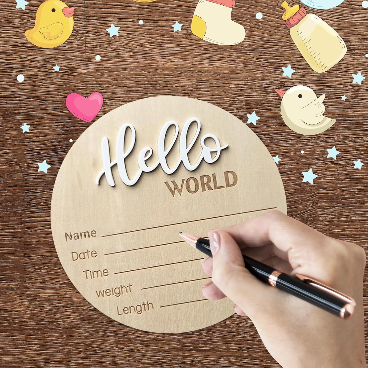 Baby Announcement Sign, ​5.9 Inch Wooden Hello World Newborn Signs, Birth Announcement Sign, Baby Shower Hospital Nursery for Newborn Boys and Girls (White) image number 5