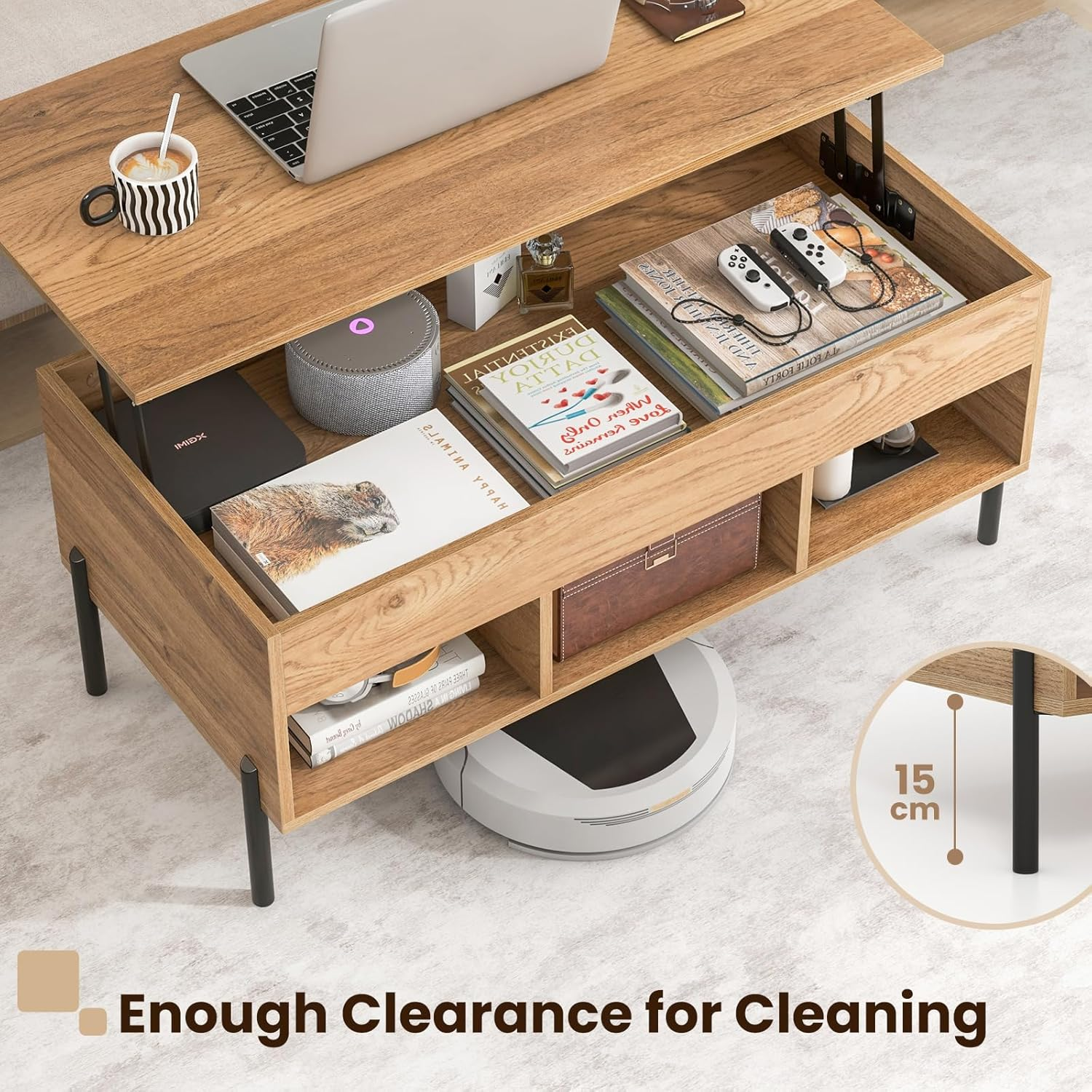 Giantex Lift Top Coffee Table, Rising Center Table with Large Hidden Compartment, Lifting Tabletop and 3 Open Cubbies, Cocktail Snack Table with Large Storage, Modern Living Room Table, Natural image number 4