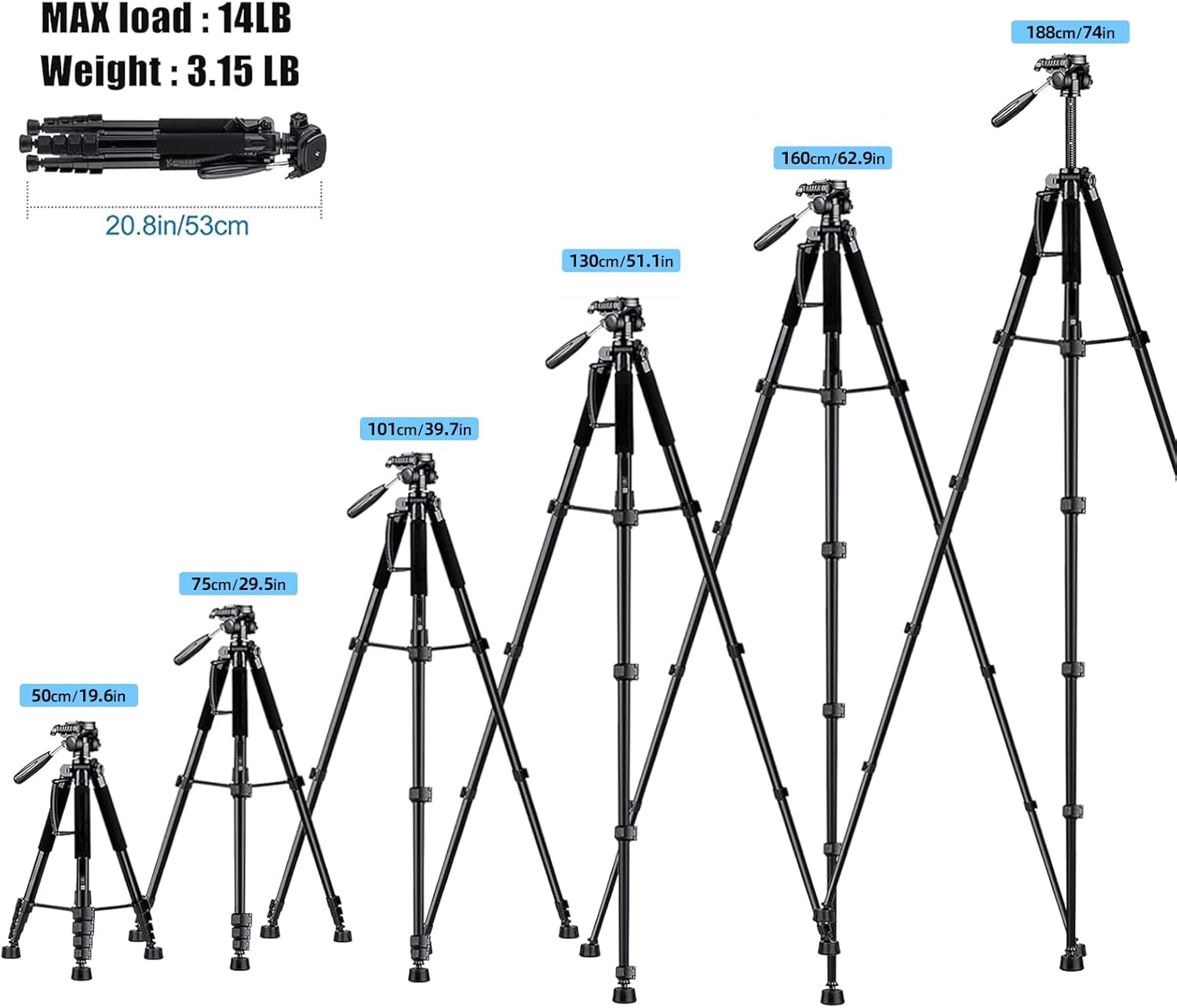 STEUGO 74"/188CM Camera Tripod Stand, Foldable Aluminum Tripod, 360&deg; Ball Head Detachable Camera Tripod, Spotting Scope Tripod with Carry Bag, Support Canon,Sony,Nikon,Dslr Camera, Cellphone (Black) image number 1