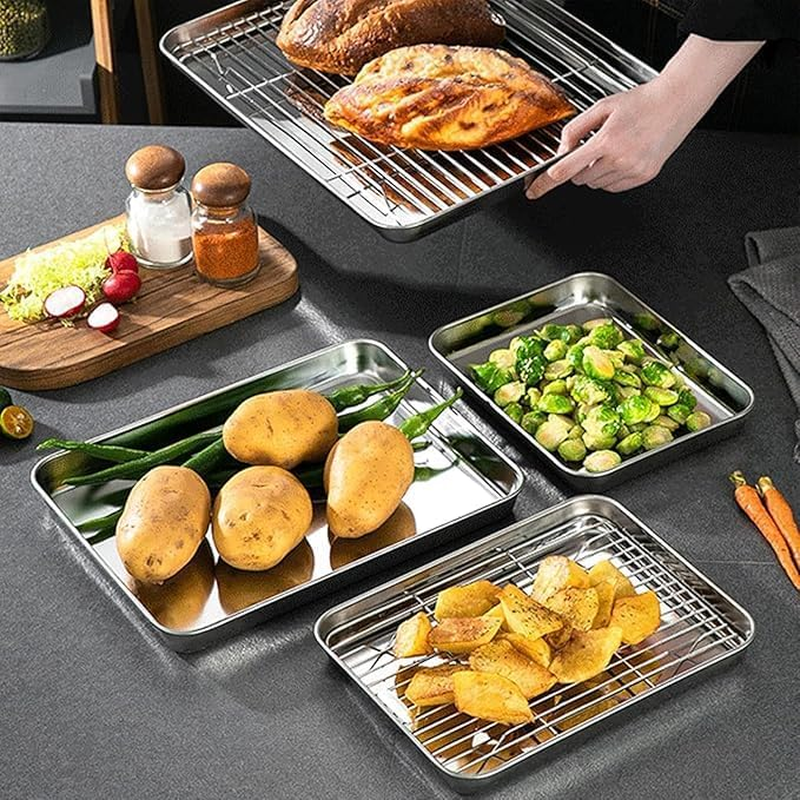 9X6.9 X0.98 Inch Stainless Steel Baking Sheets and Racks Set,Oven Tray and Cooling Grid for Cookies and Meats(Pans + Racks) image number 2