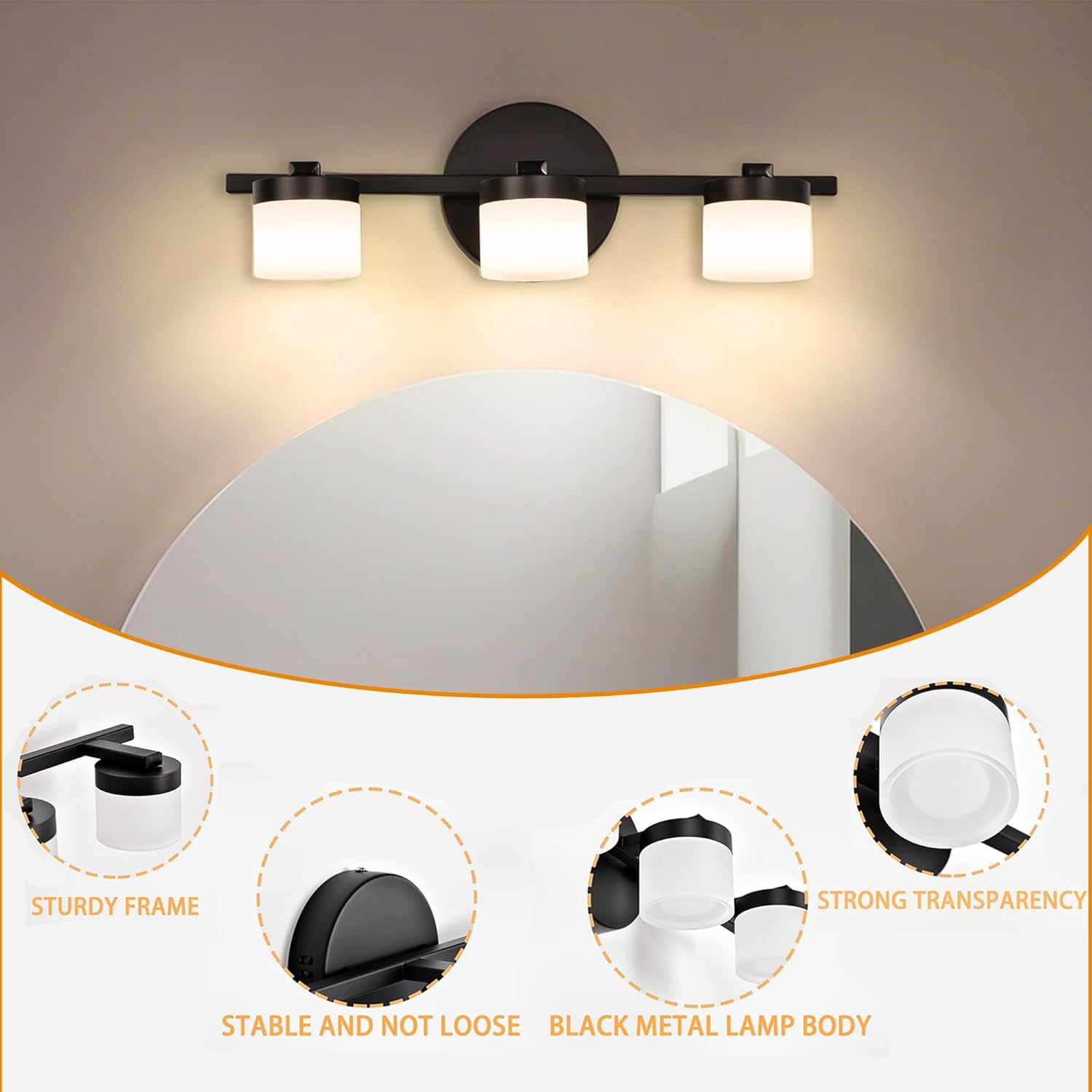 Modern Bathroom Vanity Light 3-Light LED 3000K, 40Cm Black Wall Light with Acrylic Crystal Shades, over Mirror Lighting Fixture image number 1