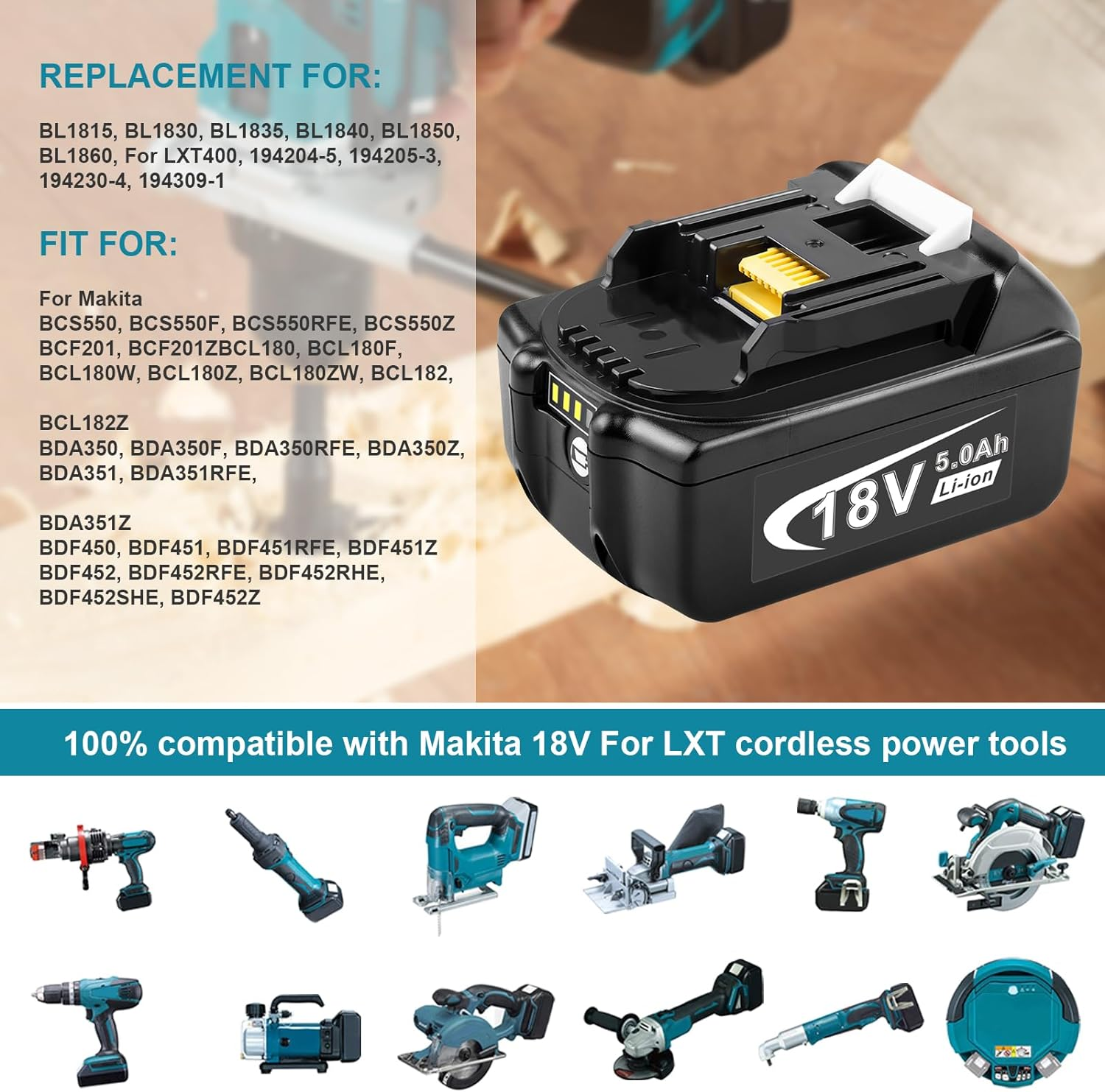 5000Mah Replacement Battery for Makita BL1815 BL1830 BL1835 BL1840 BL1850 BL1860 LXT400 18V Cordless Power Tools image number 2