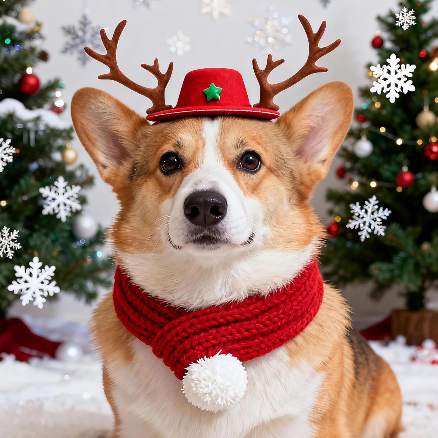 Gwaoery Dog Christmas Costumes, Pet Reindeer Hat and Scarf Christmas Outfit Small Dogs Cats Clothes Puppy New Year Party Supplies Adjustable Headdress Apparel for Winter Warm Holiday (Red M) image number 1