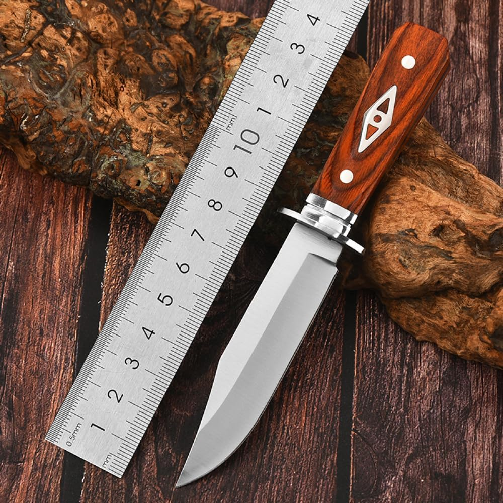 8" Fixed Blade Knife - Satin Finish Stainless Steel Blade, Brown Wood Handle with Stainless Steel Bolster, Includes Nylon Sheath - EDC, Survival, Bushcraft, Skinning and Camping Knife image number 6