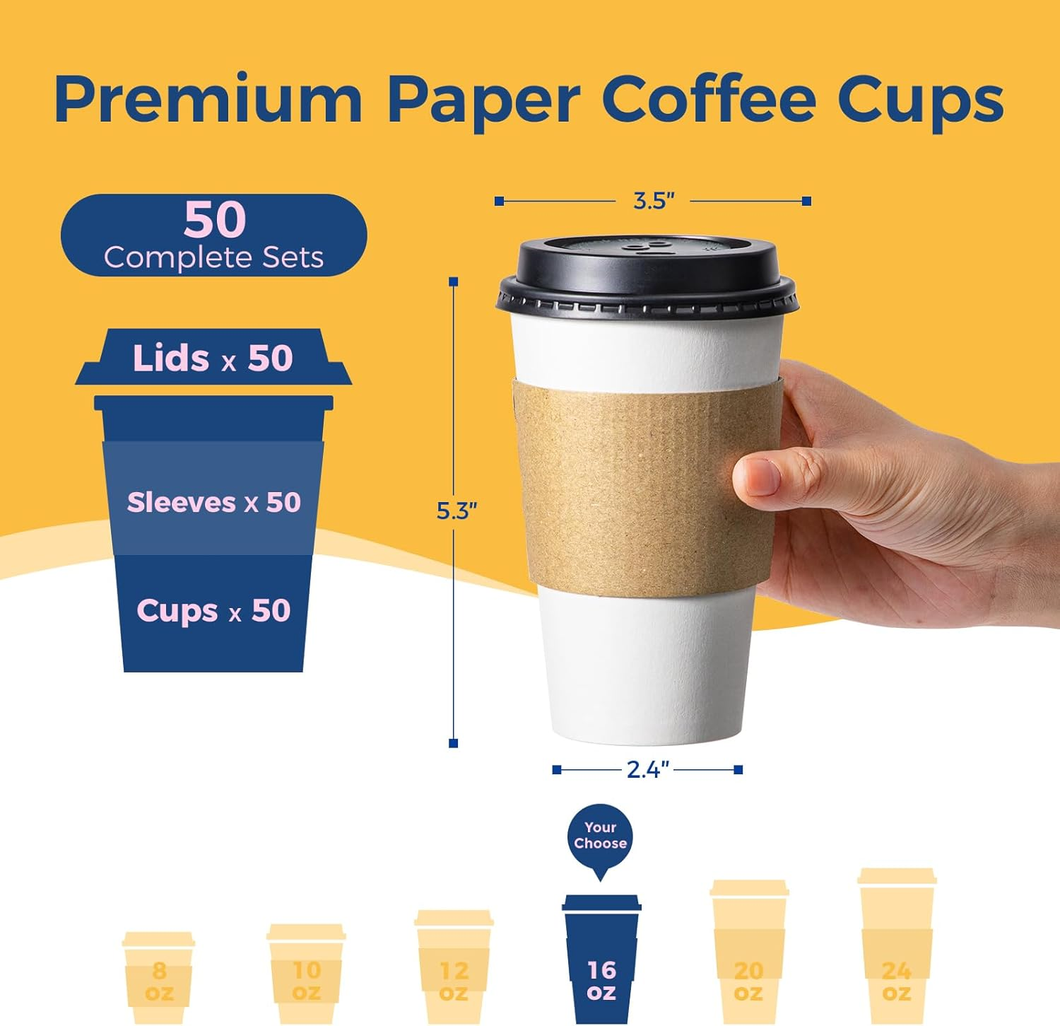 Fit Meal Prep [50 Pack] 16 Oz Hot Beverage Disposable White Paper Coffee Cup with Black Dome Lid and Kraft Sleeve Combo, Medium Grande image number 2