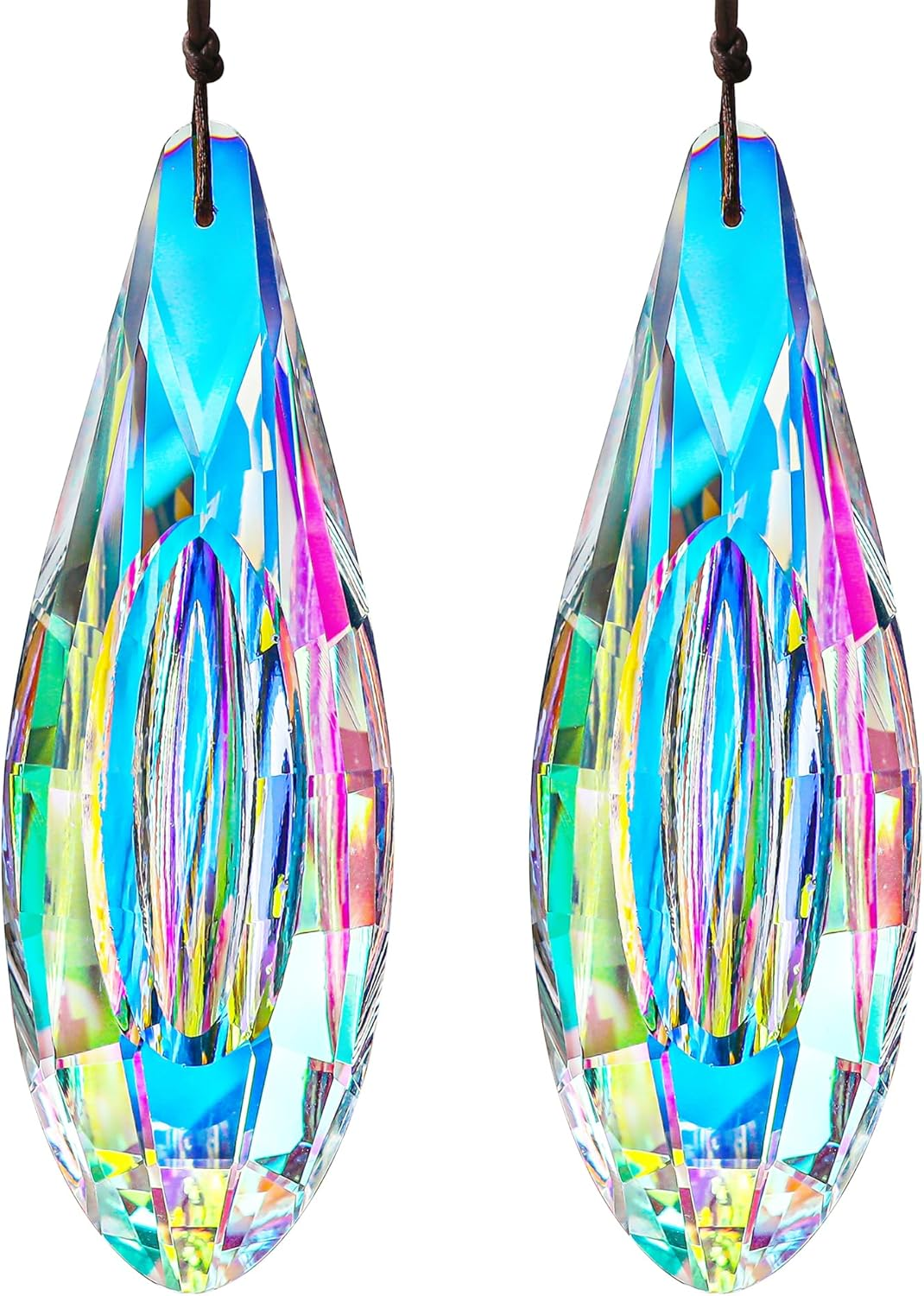 HDCRYSTALGIFTS Set 2 Crystal Sun Catcher Prisms Pendant for Window Hanging Decor,3Inch AB Colored Crystal Suncatchers Rainbow Maker Light Catcher for Home Indoor Garden Ornament
