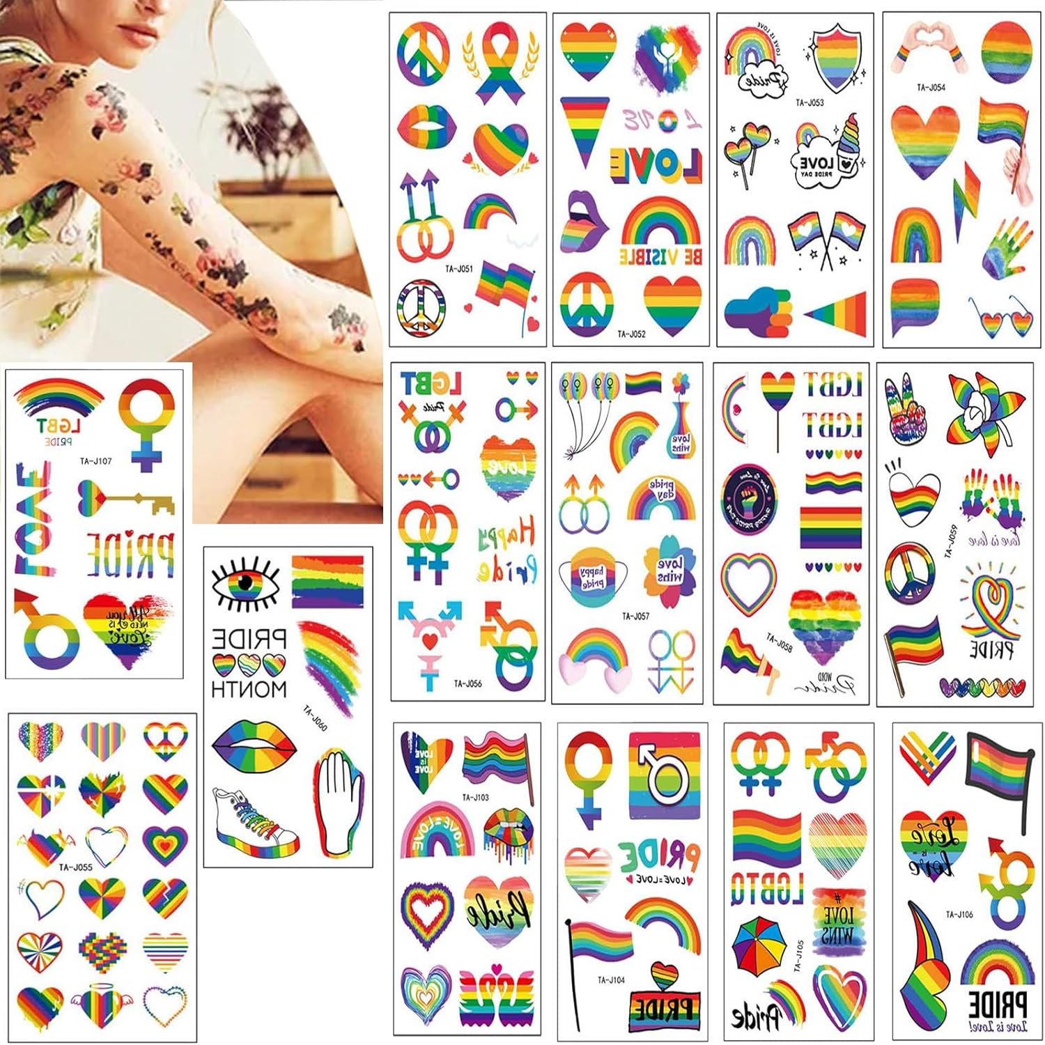 15 Sheets Rainbow Temporary Tattoos,Lesbian Gay Pride Decorations Rainbow Tattoos Stickers,Waterproof Temporary Tattoos for Pride Parades Party Supplies image number 4