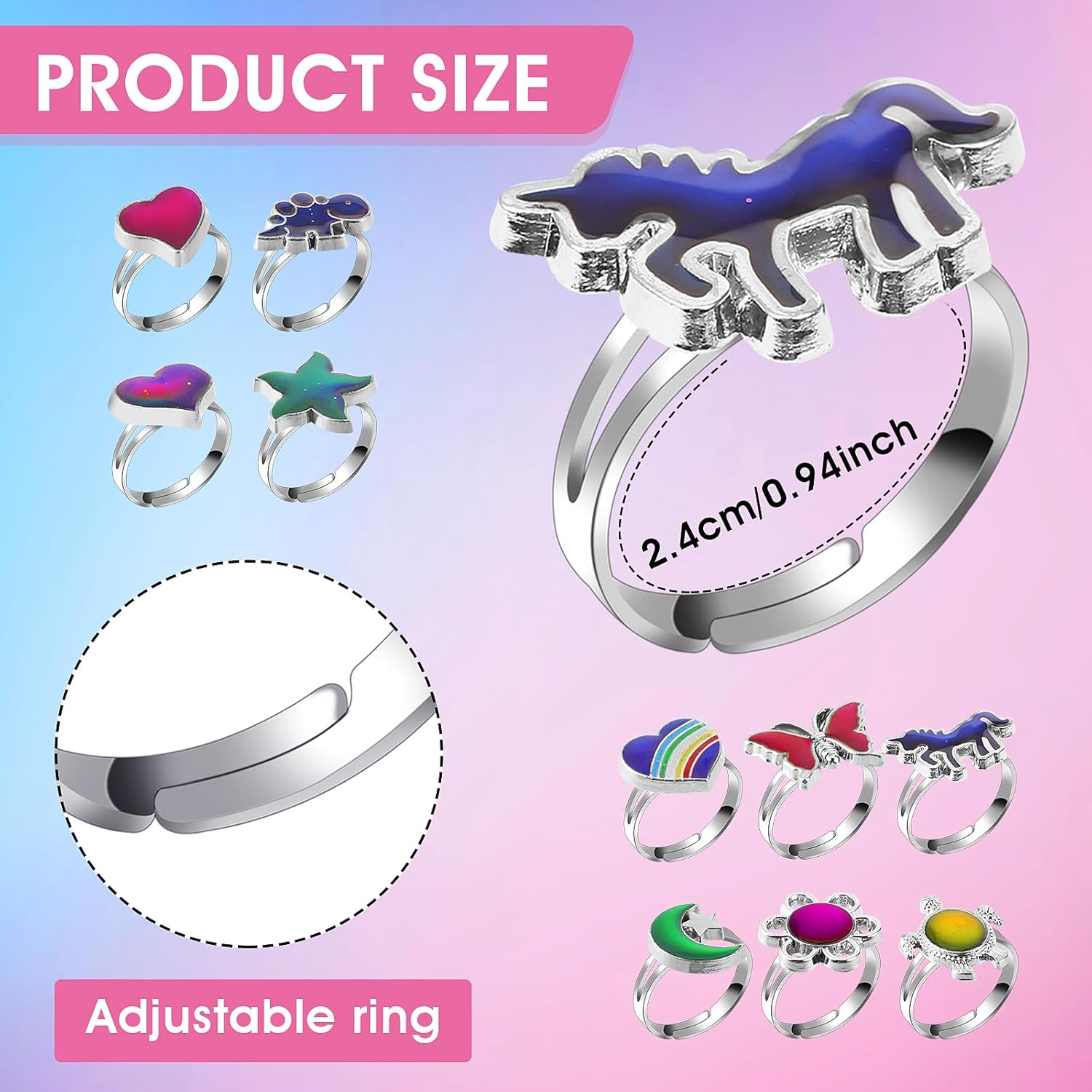 10 Pieces Mood Rings for Kids, Adjustable Mixed Color Change Ring Bulk for Girls Boys Women, Halloween Birthday Party Favors, Carnival Costume Accessories (Style 2) image number 1