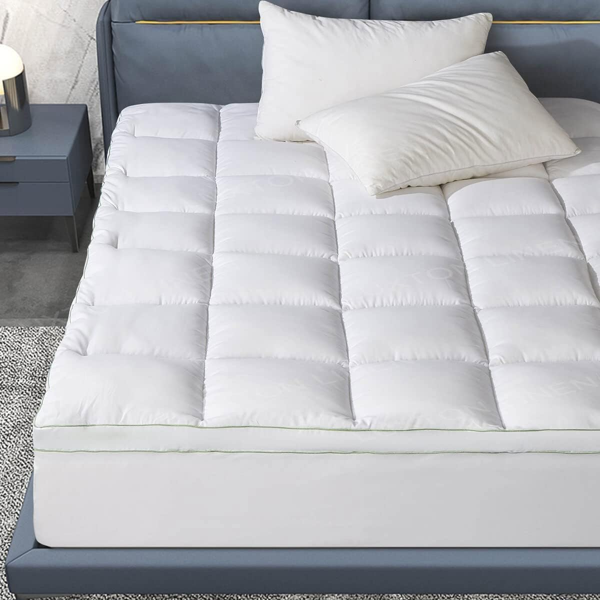 Cooling Bamboo Fibers Mattress Topper for Back Pain, Thick Mattress Pad Cover Plush Soft Pillowtop with Elastic Deep Pocket for Deep Sleep(Green,King Single)