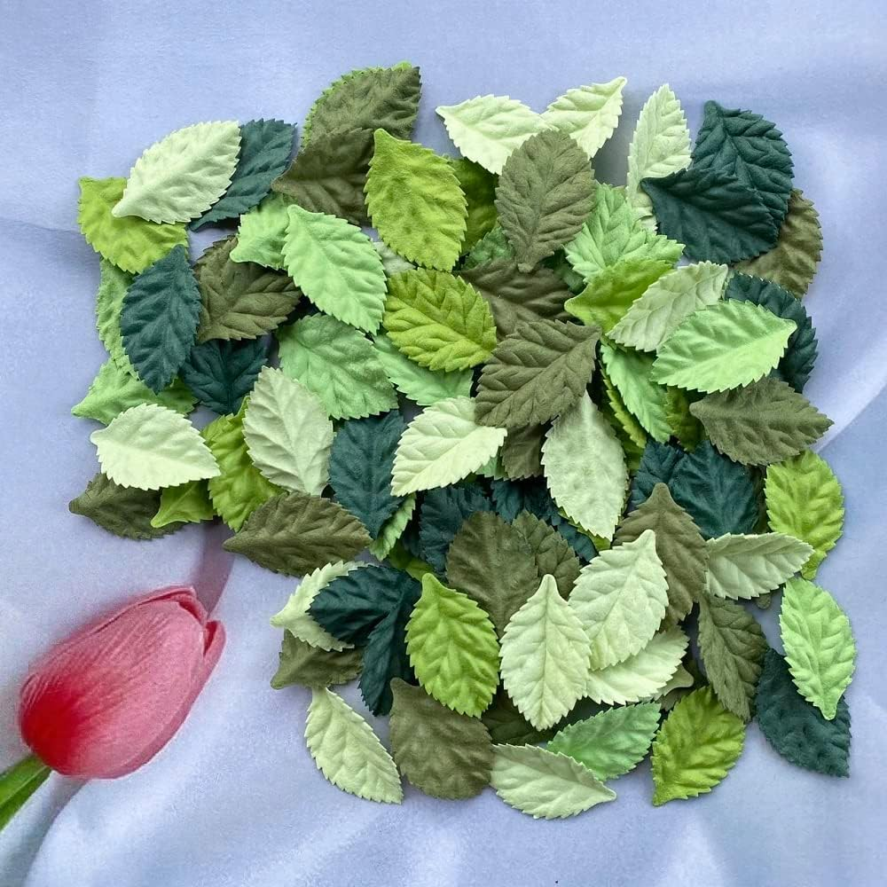 Artificial Leaves 100 Pcs Mulberry Paper Roses Leaves 45X25Mm DIY Craft Scrapbooking Wedding DIY Craft Supplies Card (Green Tone)