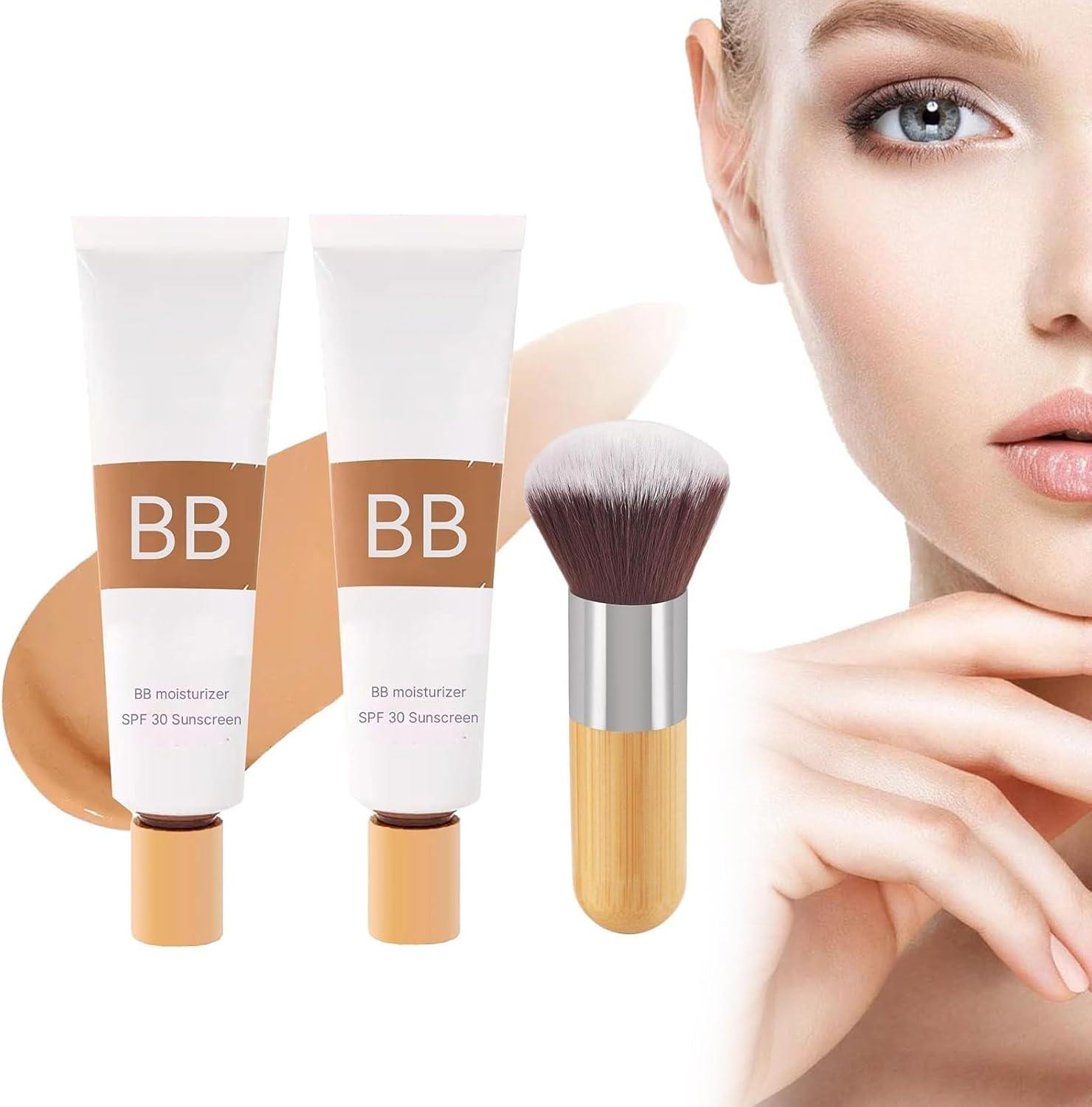 Bb Blur Tinted Moisturizer Spf 30, Bb Cream Tinted Moisturizer, Smooths Moisturizing Coverage Foundation Cream with Brush, Full Coverage, Oil-Free, Light, Hydrates (2Pcs-Natural)