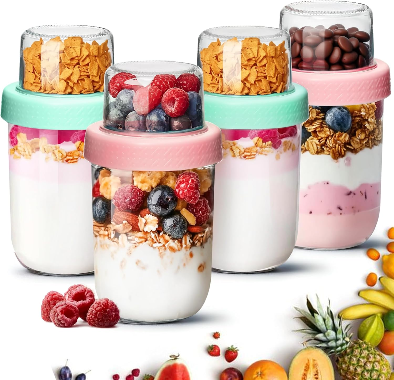 Comsaf 4 Pack 16Oz Overnight Oats Container Jar with Lids, Dual-Laryer Chia Pudding Jars with Dry and Wet Separation, Yogurt Parfait Cups for Oatmeal Cereal Nut Fruit, Meal Prep Glass Jars for Salad