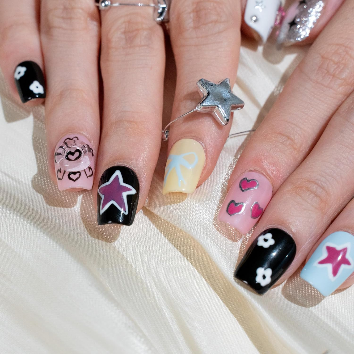 Sun&Beam Nails Handmade Press-On Short Coffin Ballerina White Yellow Y2K Sweet Summer Design Fashion False Nail Tips 10 Pcs Set (#272 M) - S image number 4