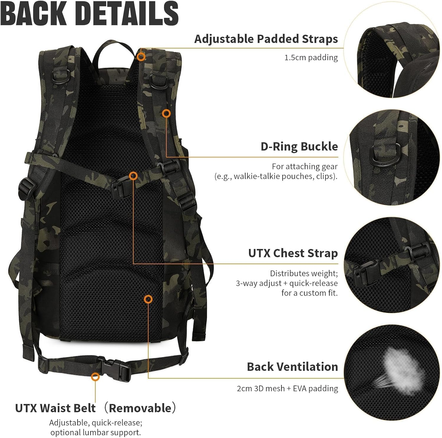 ROOT THREE 25L Tactical Backpack, Small Hiking Backpack with Expandable MOLLE Front, Biking Motorcycle Backpacks for Men image number 5