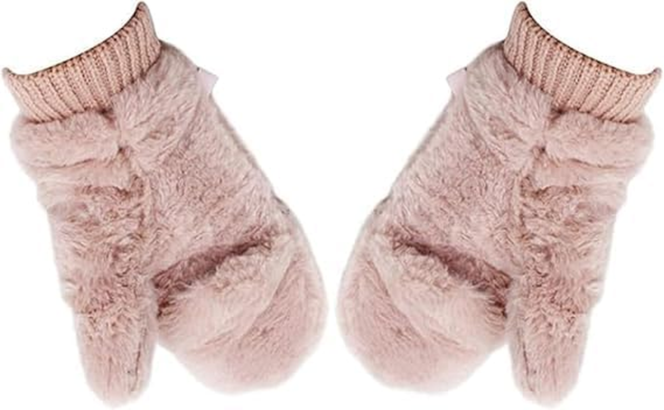 Women Winter Faux Fur Flip Cover Mittens Warm Soft Half Finger Fingerless Gloves(Pink) image number 5