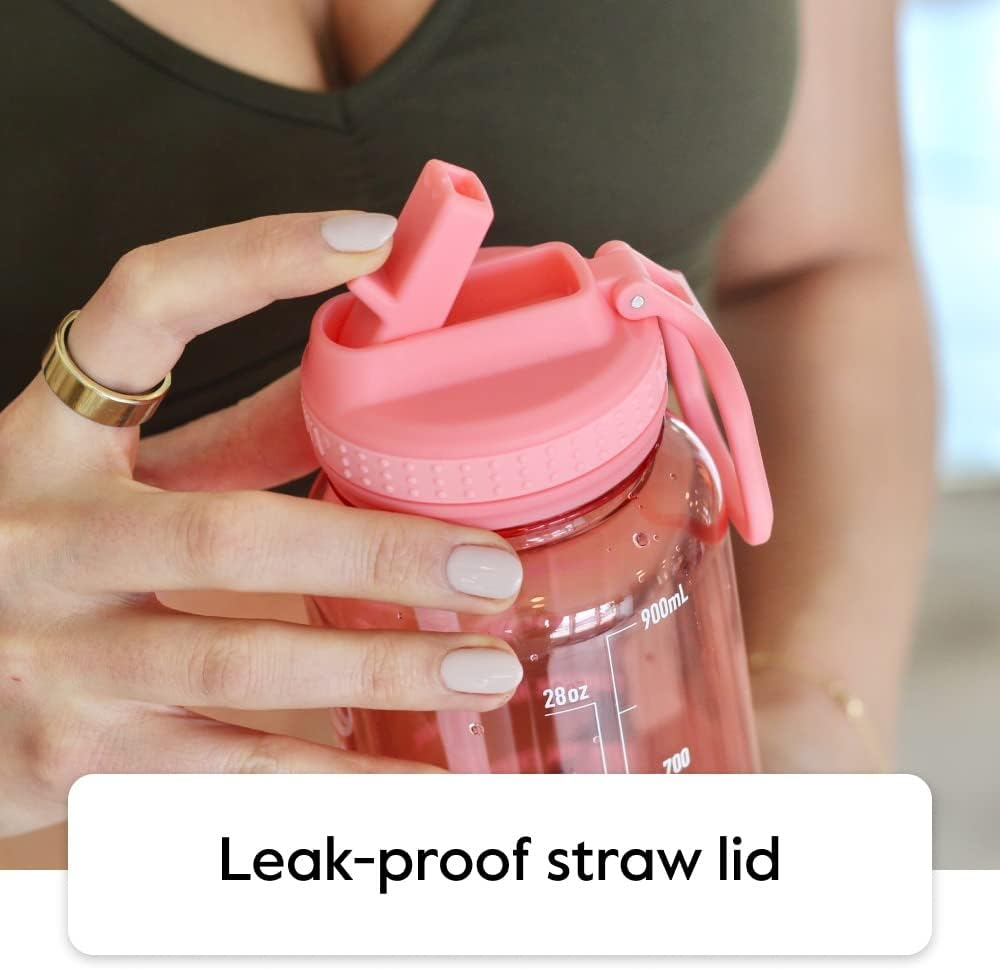 Takeya Premium Quality Motivational Water Bottle with Straw Lid with Times to Drink, BPA Free Tritan Plastic, 32 Oz, Flutter Pink image number 4