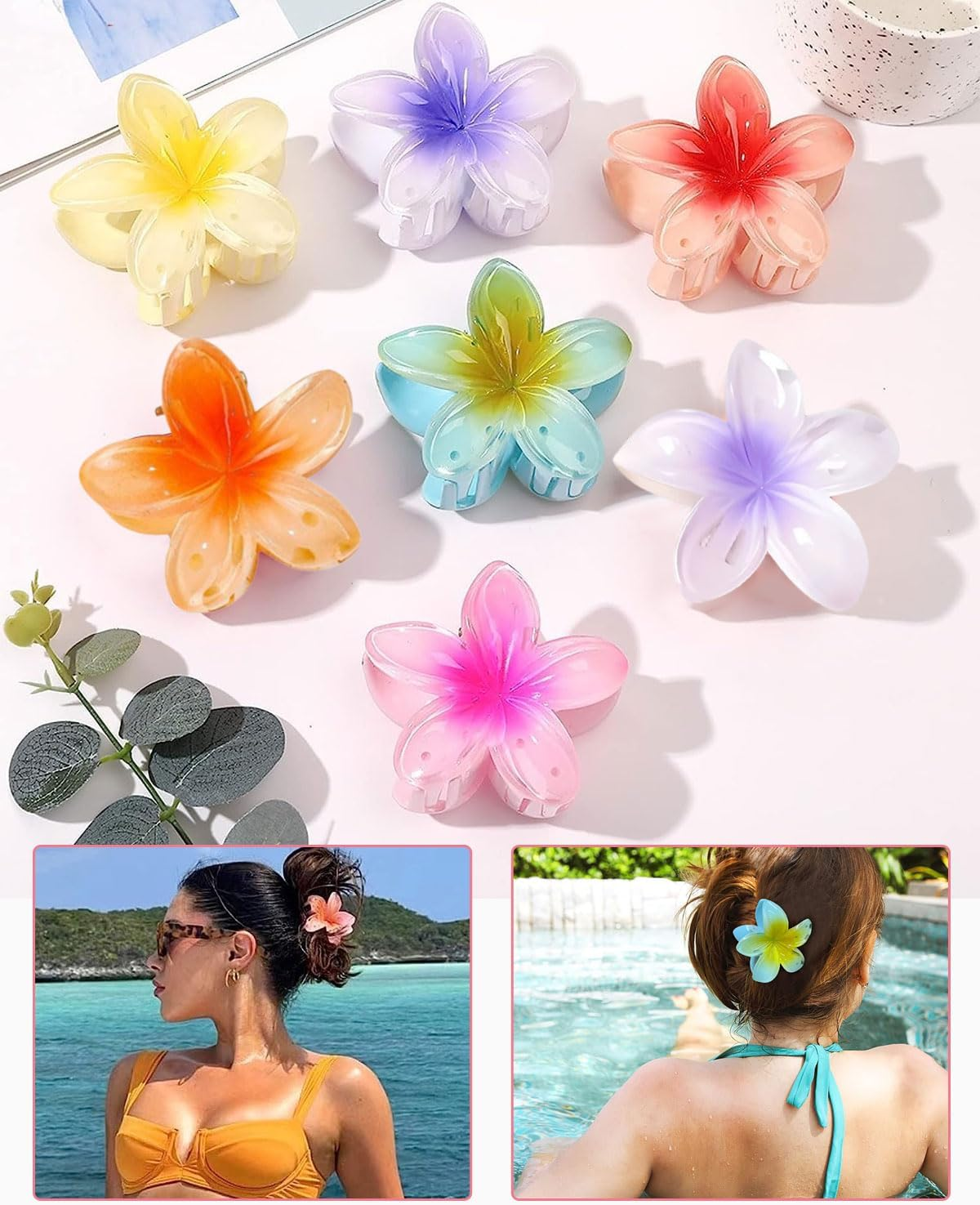 FUGLUS Pack of 8 Flower Hair Clips, Colourful Flower Hair Pins for Women, Hawaiian Hair Clip, Hair Accessories, Non-Slip Plastic Hair Clips, Gifts for Girls and Women image number 2