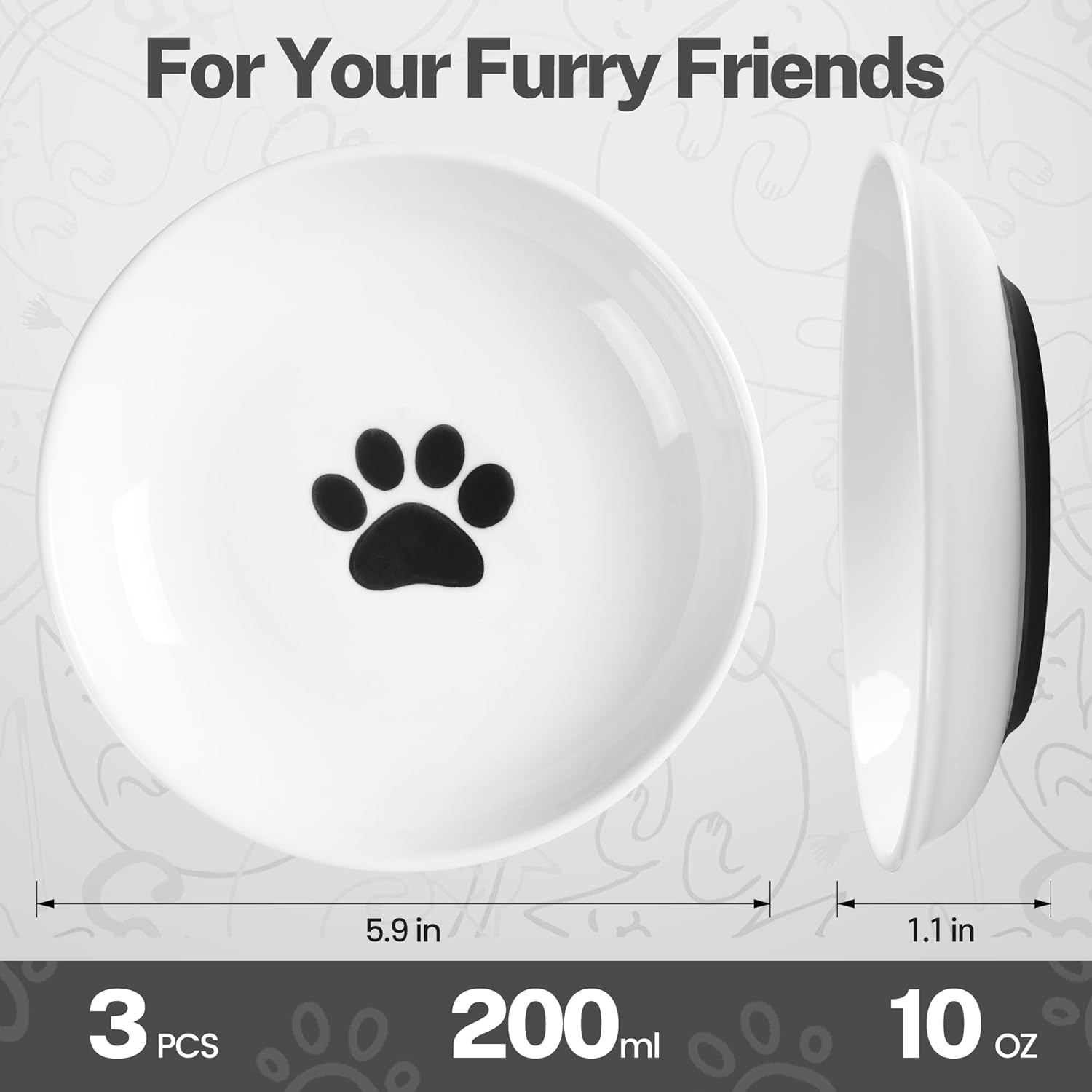 Cat Food Bowls - Whisker Friendly Ceramic with Nonslip Silicone Bottom, Pack of 3 Quiet Dishes and Plates for Feeding Indoor Cats, Kittens and Small Dogs (Cat Paw) - Fishbone+Cat Paw image number 3