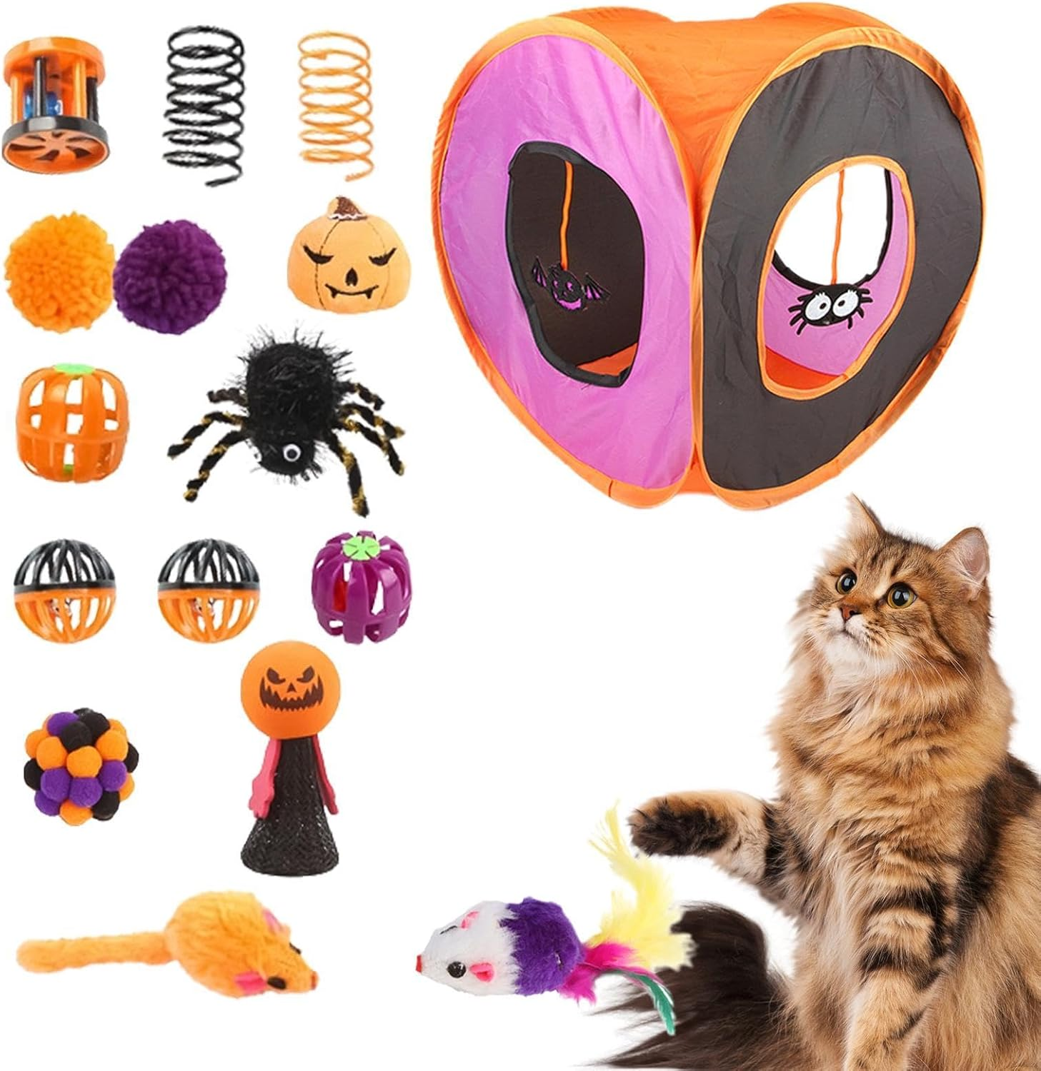 Cat Tunnel Toys Set,Cute Interactive Cat Toy Set | Halloween Cat Feather Wand Ball Spring Mice Toys, Folding Square Channel Kitten Starter Kit for Pets