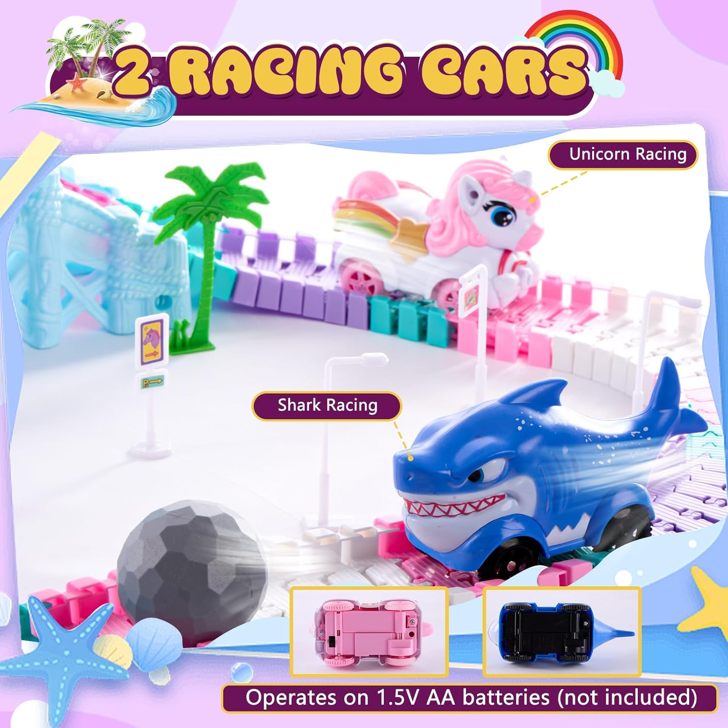 DIY Unicorn Track Toys 194 Pcs Shark Race Car Toys for Boys Girls 3 4 5 6 7 9 Year, Bendable Flexible Racetrack Cars with Shark & Ball, Unicorn Gifts for Girls, Presents for 3+ Year Old Kids image number 2