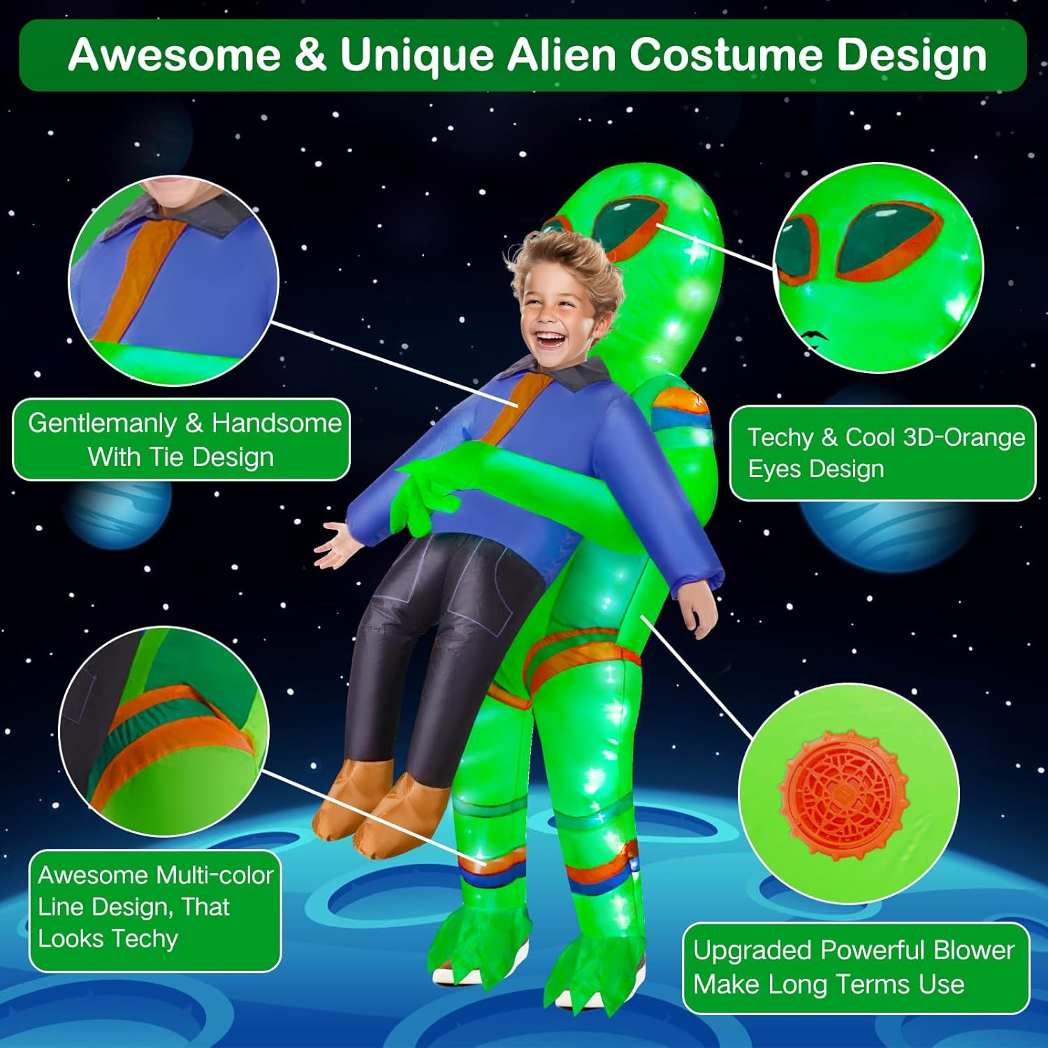 Inflatable Alien Costume for Adult Kids with LED Lights Blow up Lighted Alien Abduction Halloween Costumes Cosplay Party image number 5